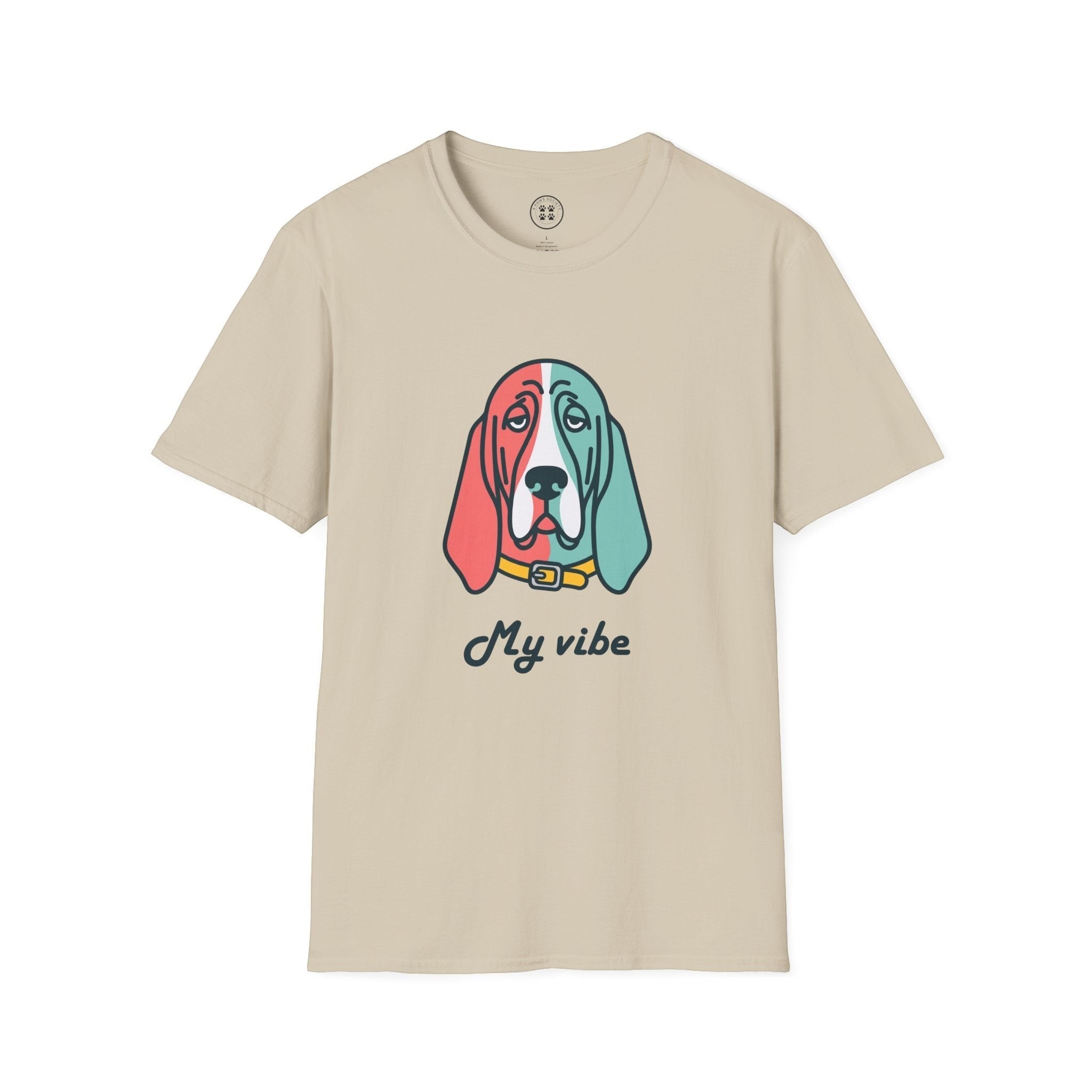 4 Paws Society beige 100% cotton t-shirt with a colorful Basset Hound graphic and "My Vibe" text.
