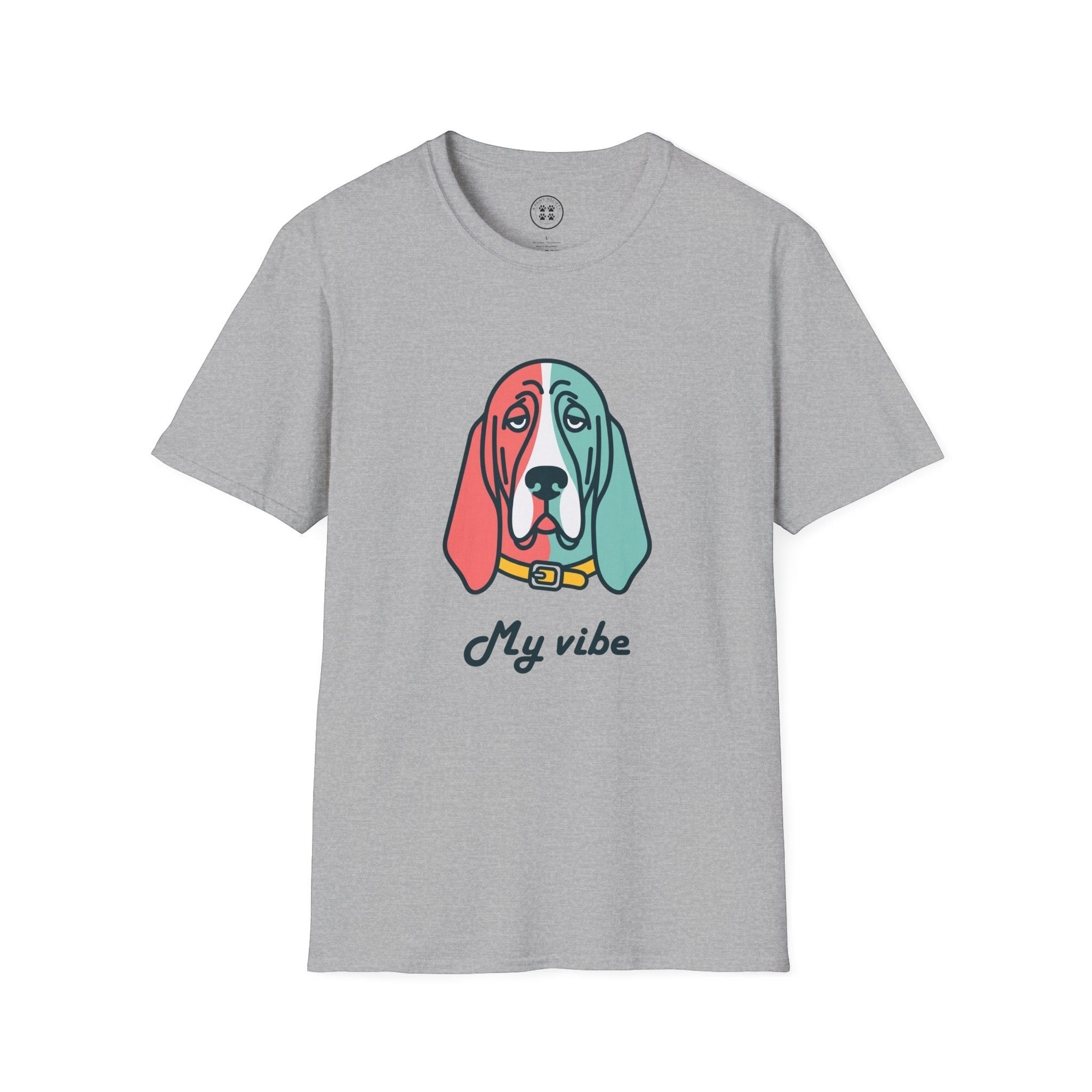 4 Paws Society grey 100% cotton t-shirt with a colorful Basset Hound graphic and "My vibe" text.