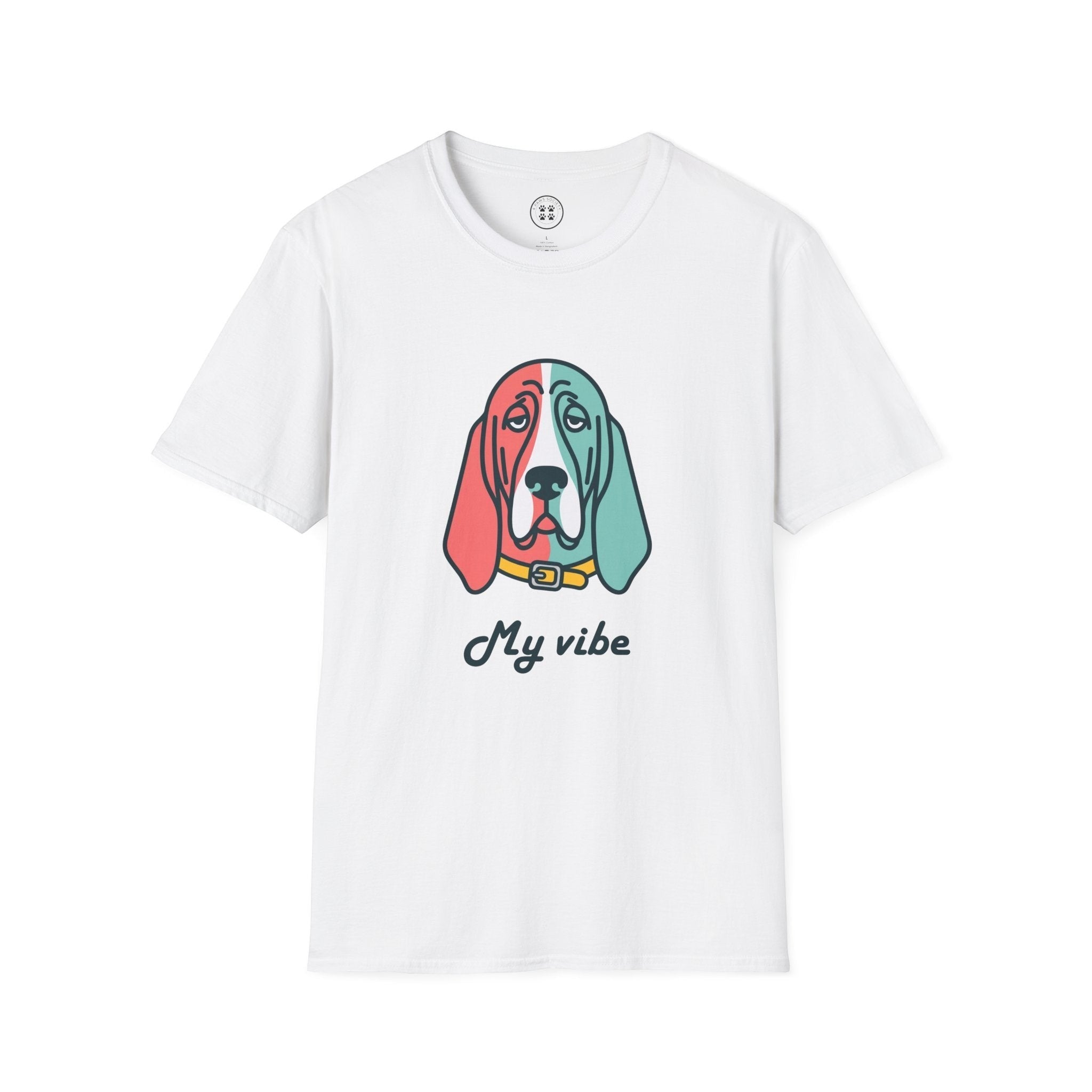 4 Paws Society white 100% cotton t-shirt with a colorful Basset Hound graphic and "My Vibe" text.