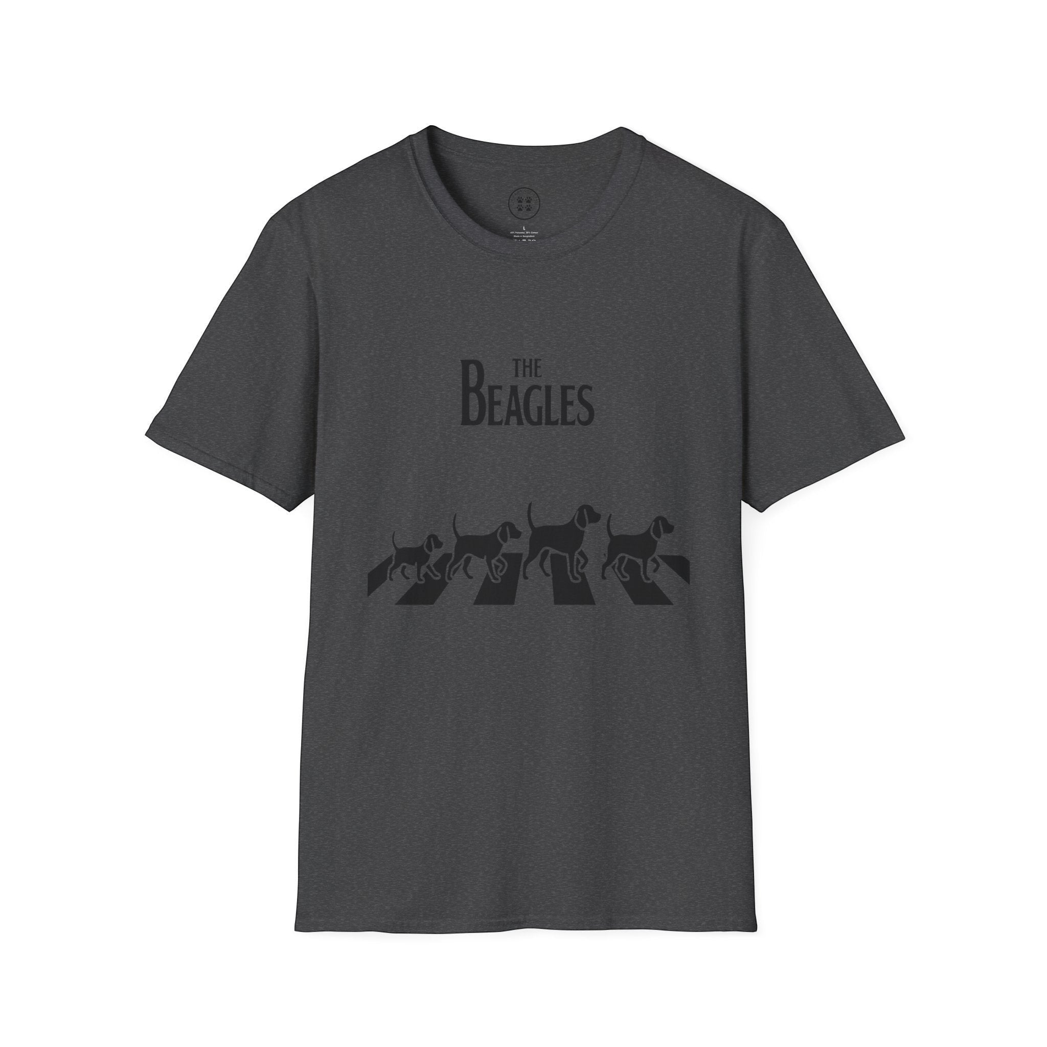 4 Paws Society dark grey 100% cotton unisex t-shirt with "The Beagles" Abbey Road dog band graphic.