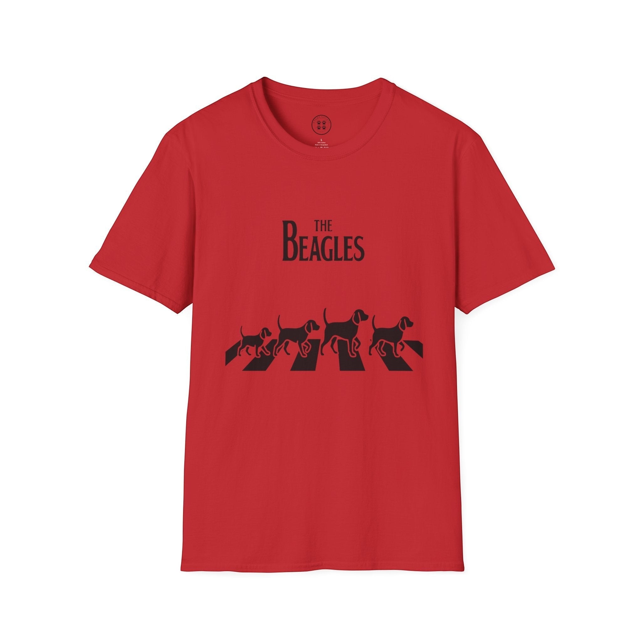 4 Paws Society red 100% cotton t-shirt with "The Beagles" logo and four beagle silhouettes crossing Abbey Road.