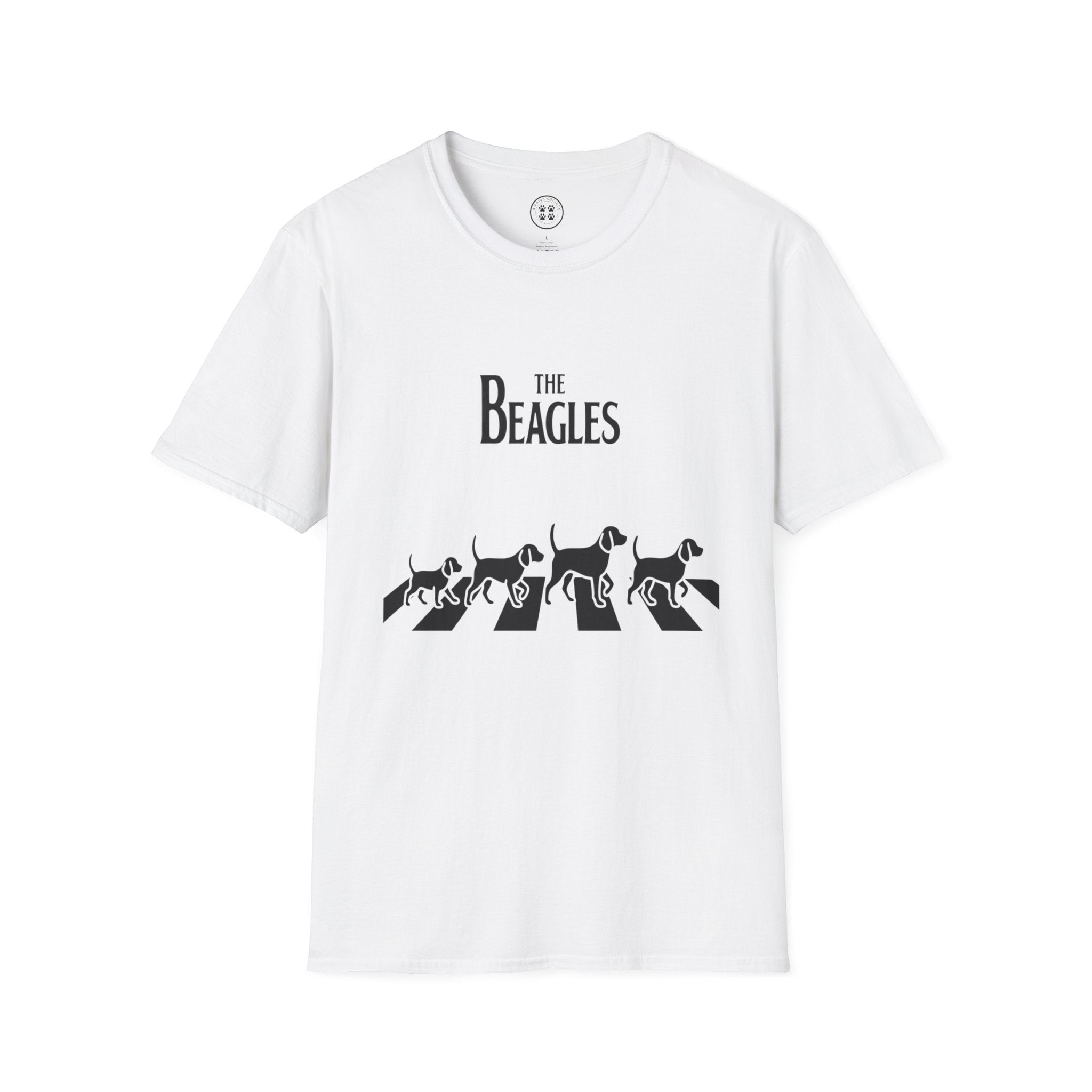 4 Paws Society white 100% cotton t-shirt with "The Beagles" logo and four beagle dogs walking across a zebra crossing.