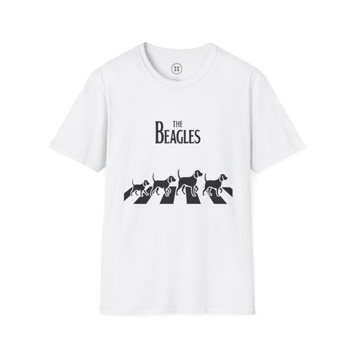 4 Paws Society white 100% cotton t-shirt with "The Beagles" logo and four beagle dogs walking across a zebra crossing.