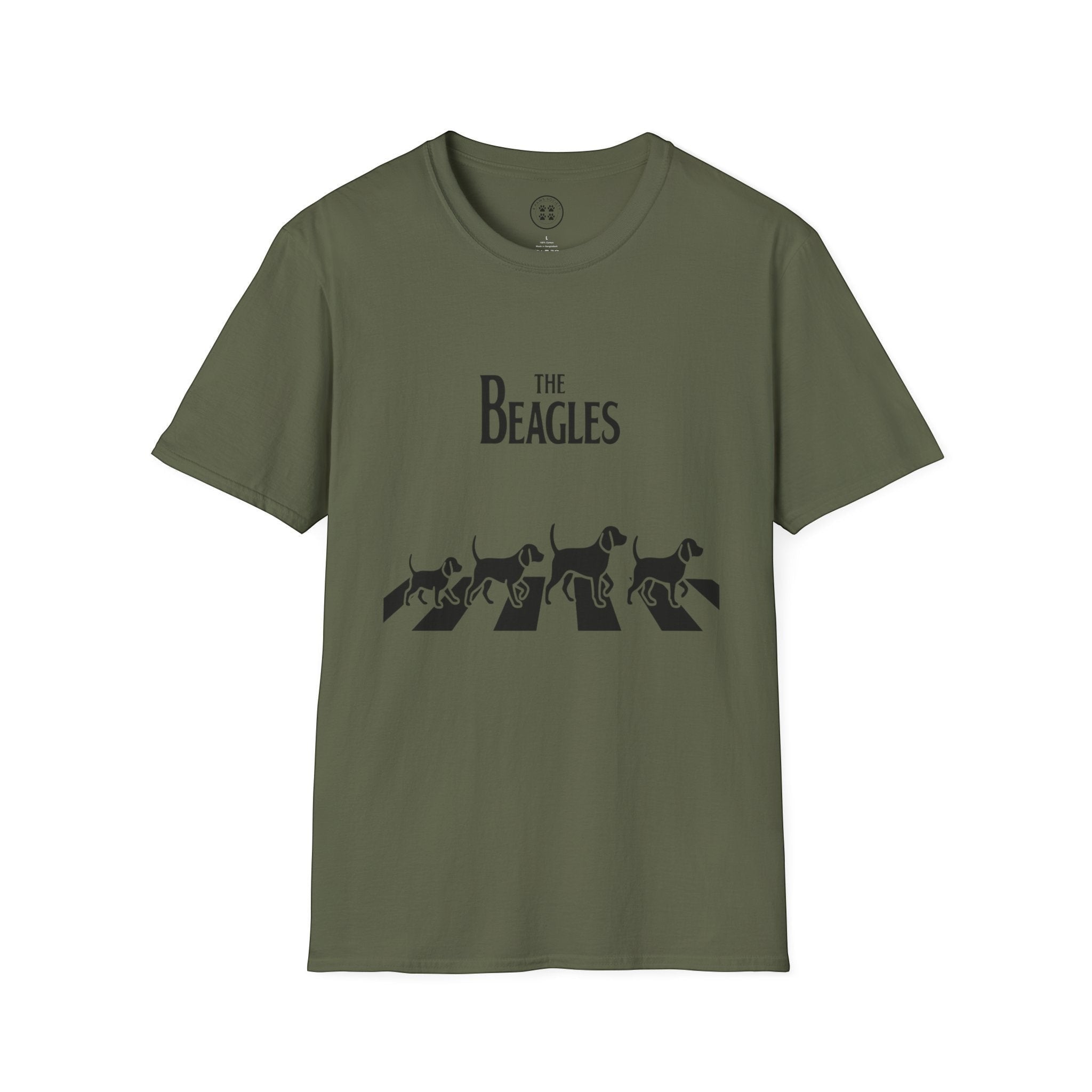 4 Paws Society olive green 100% cotton unisex t-shirt with "The Beagles" logo and four beagle silhouettes crossing Abbey Road.