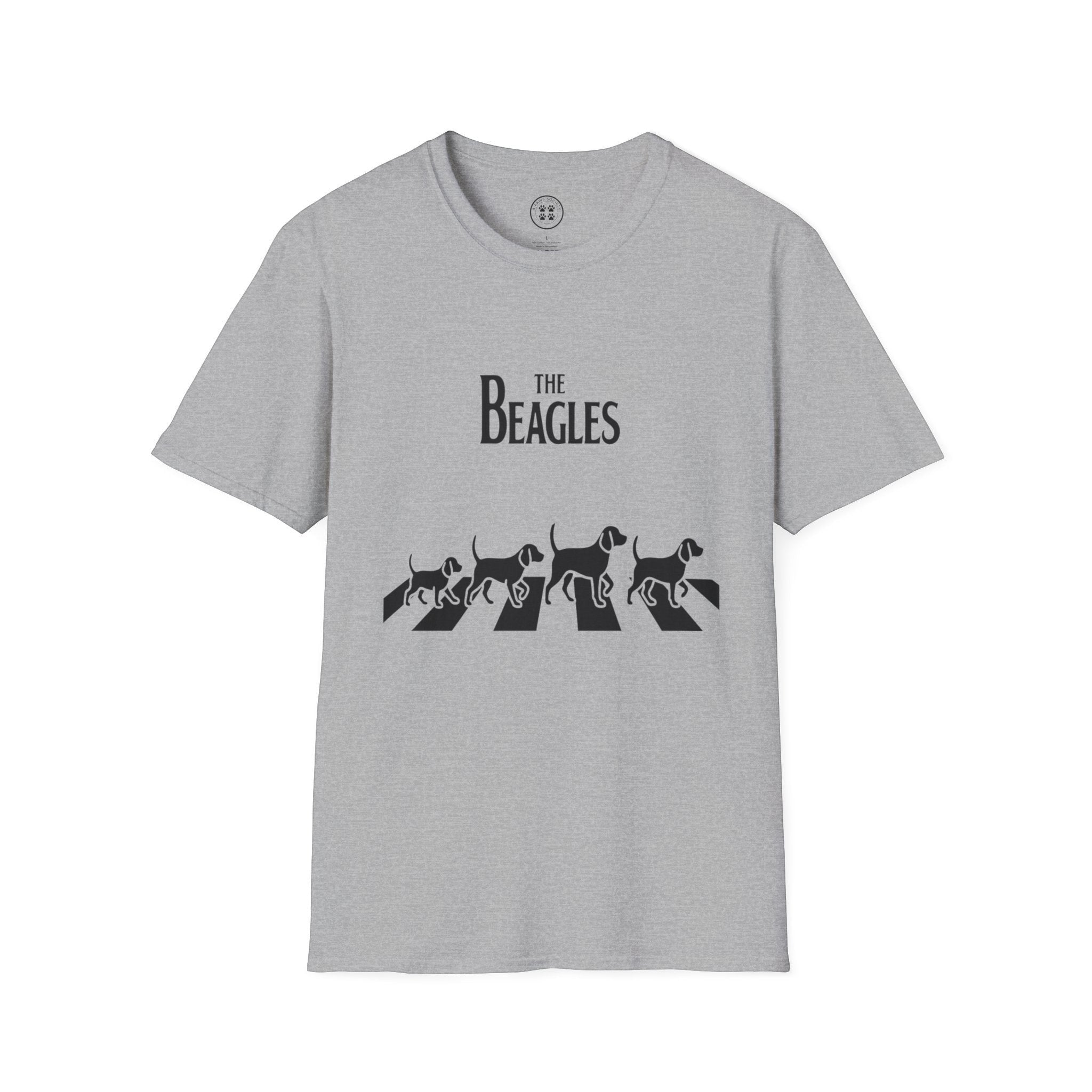 4 Paws Society grey 100% cotton t-shirt with a black graphic of four beagles walking across a zebra crossing, inspired by the Abbey Road album cover.