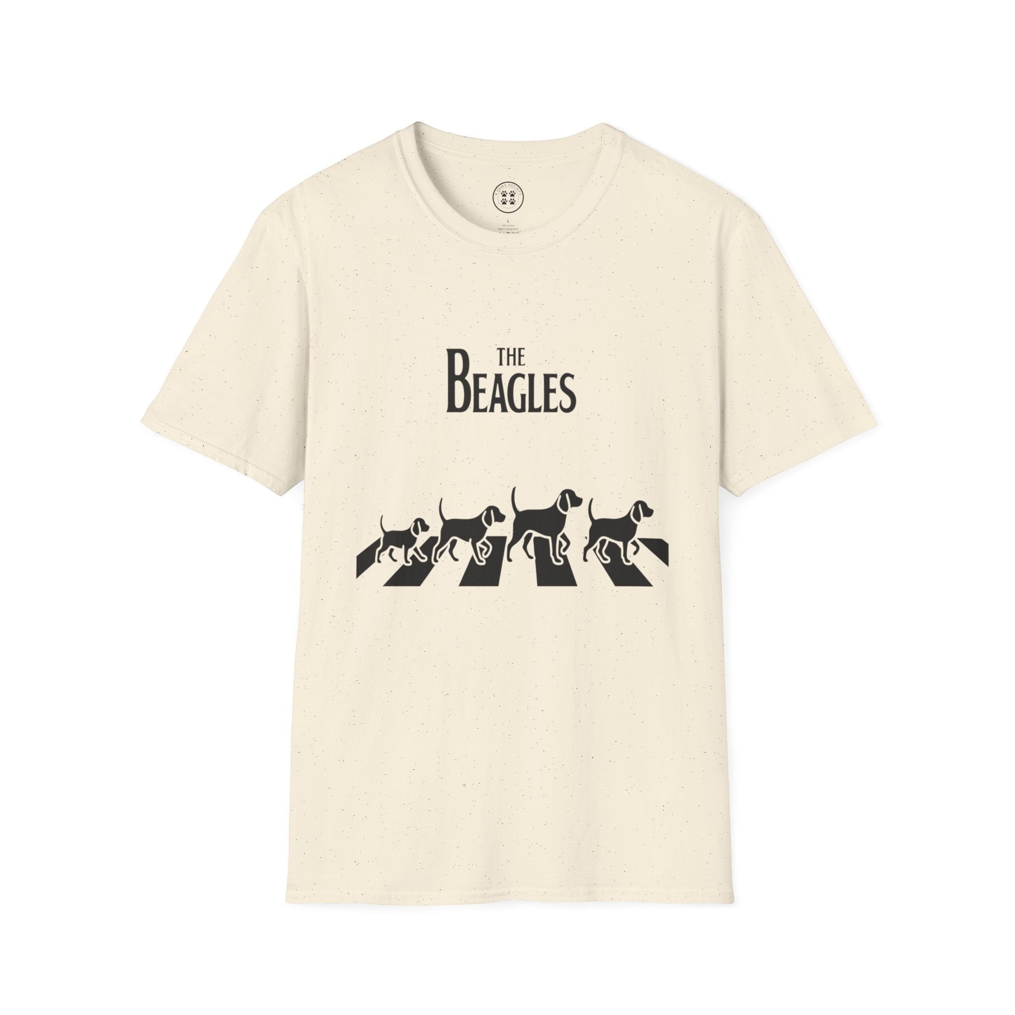 4 Paws Society cream 100% cotton t-shirt with black graphic of four beagles walking on a crosswalk and "The Beagles" text.