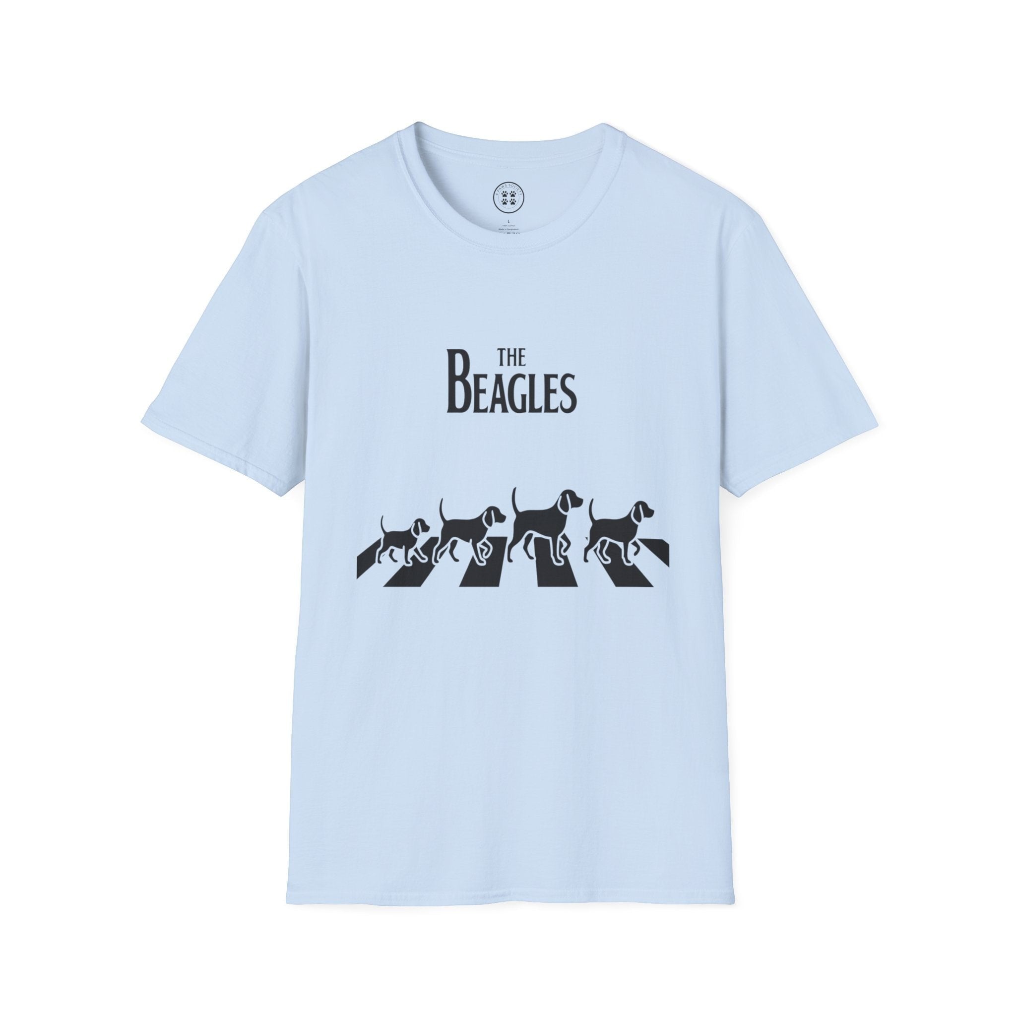 4 Paws Society light blue 100% cotton unisex t-shirt with "The Beagles" logo and four beagles walking across Abbey Road.