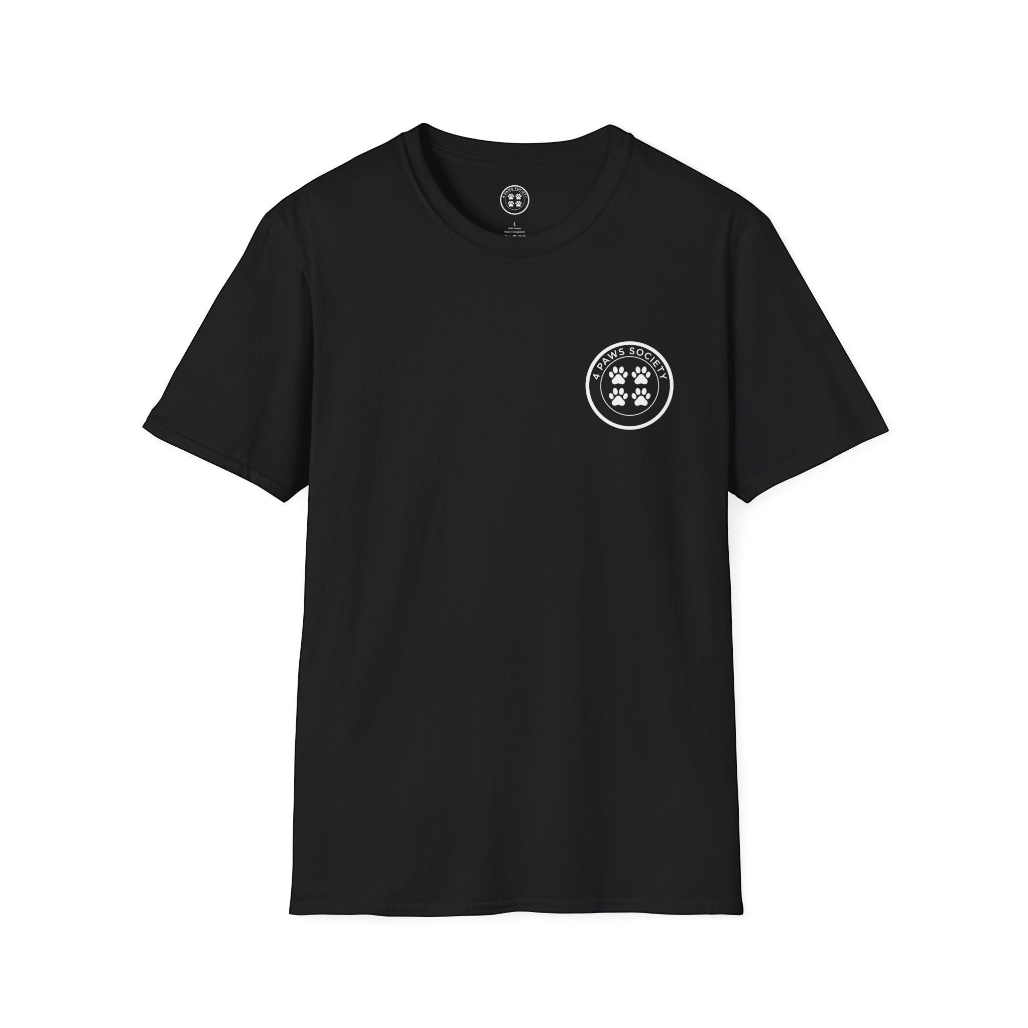 4 Paws Society black 100% ring-spun cotton t-shirt with a small circular logo on the left chest featuring four paw prints.