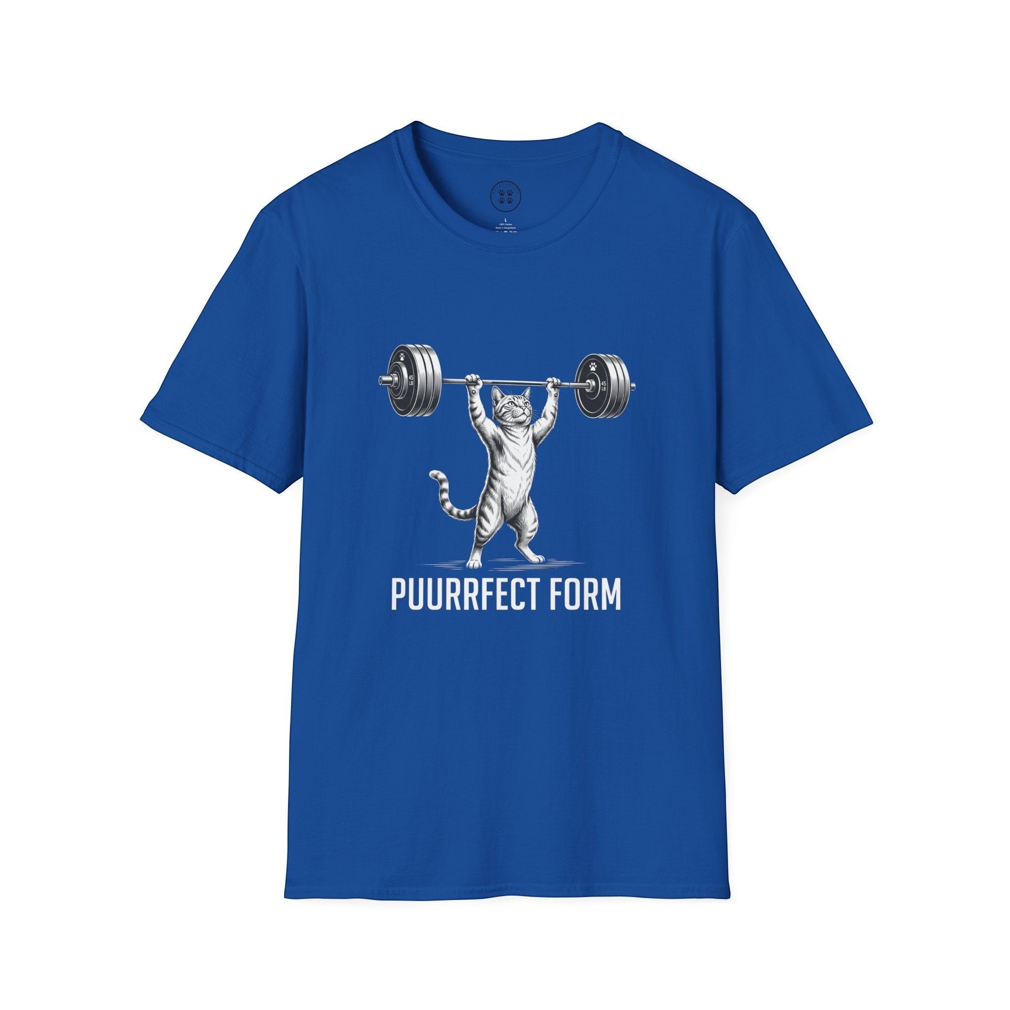 4 Paws Society royal blue 100% cotton t-shirt with a graphic of a striped cat lifting a barbell with the text "PUURRFECT FORM".