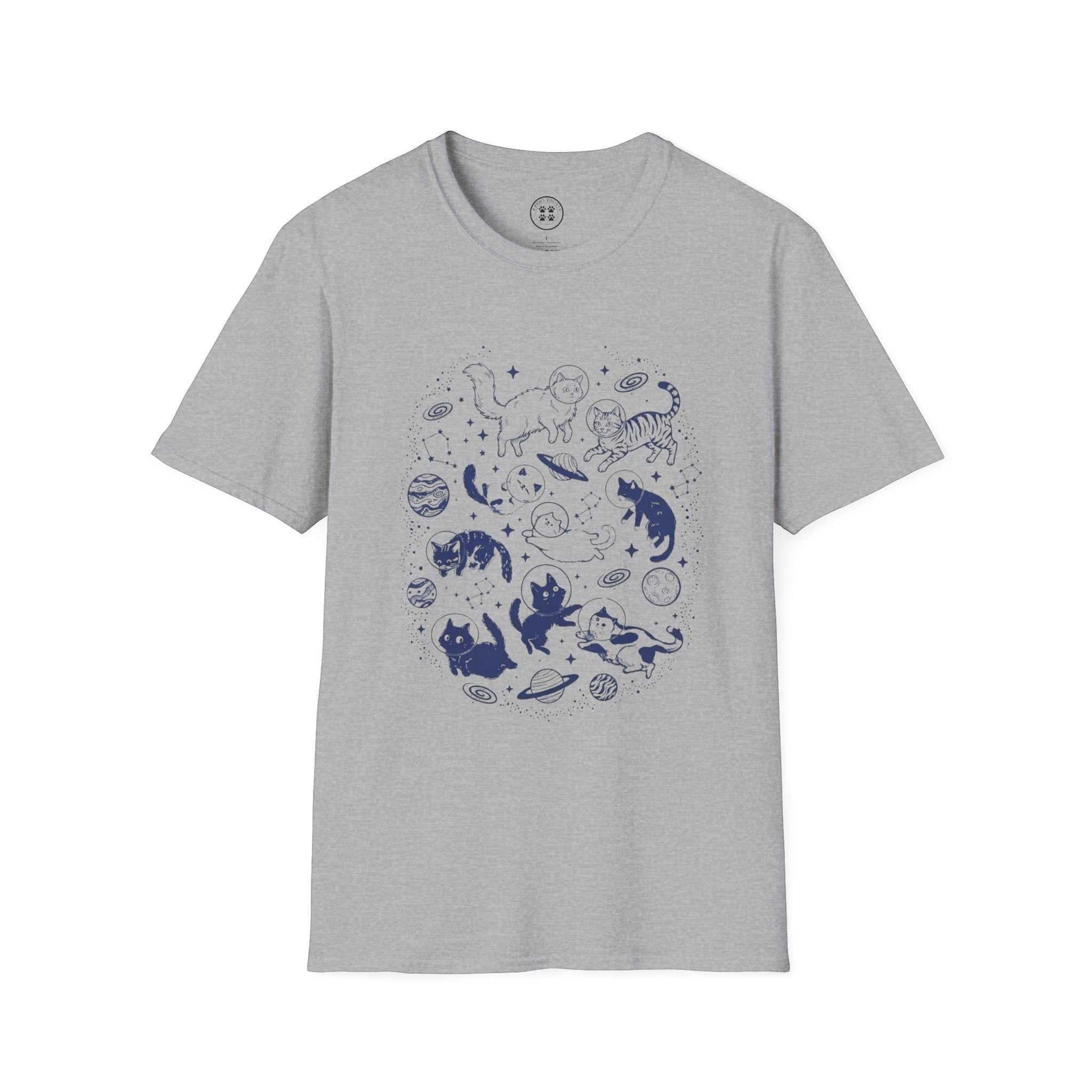4 Paws Society grey 100% cotton t-shirt with a blue constellation cat illustration. Features cats in space suits, planets, and stars.