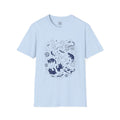 4 Paws Society light blue 100% cotton t-shirt with a dark blue constellation cat illustration.