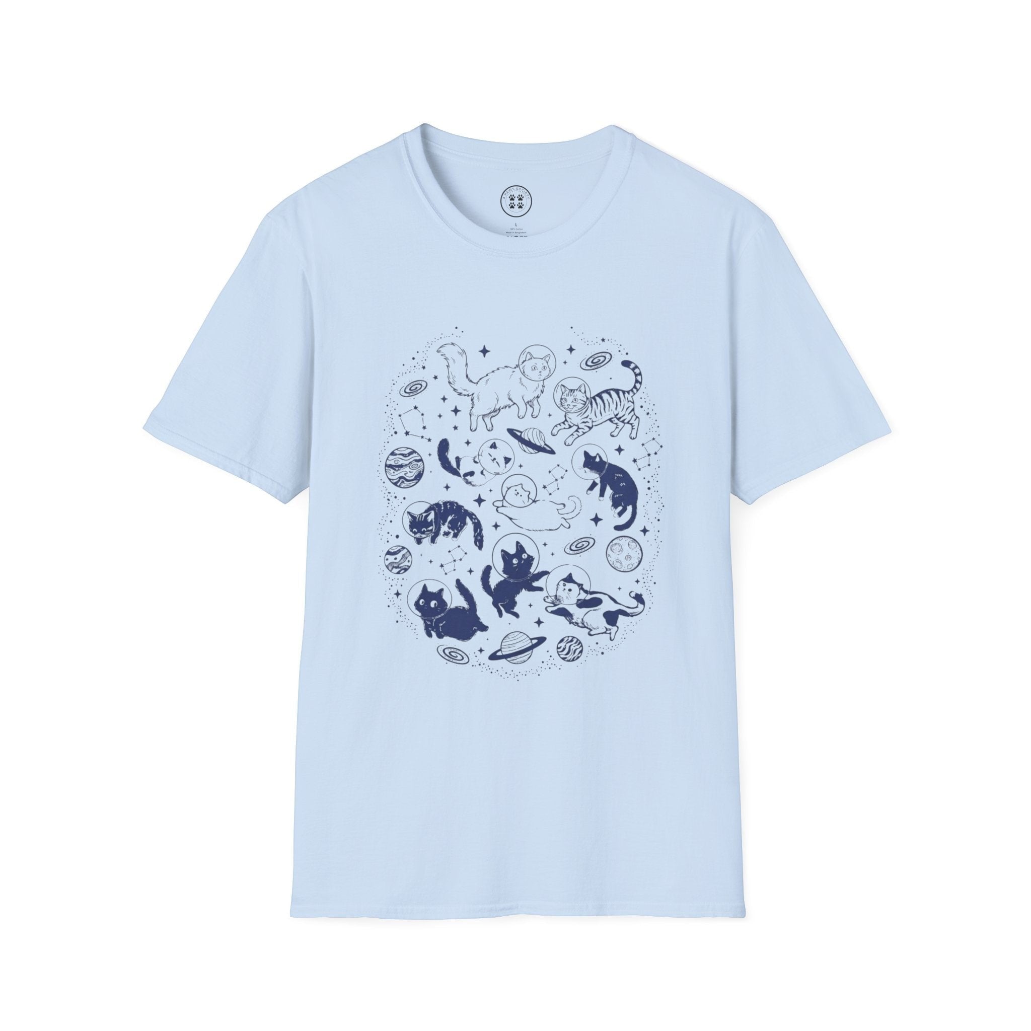 4 Paws Society light blue 100% cotton t-shirt with a dark blue constellation cat illustration.
