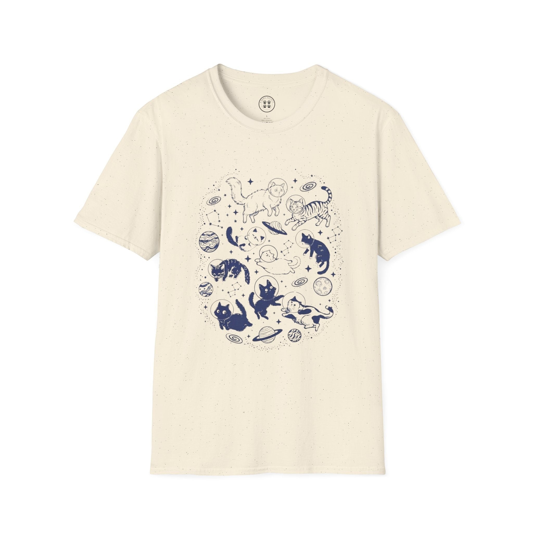 4 Paws Society cream 100% cotton t-shirt with a blue constellation cat illustration. Features cats in space suits, planets, and stars.
