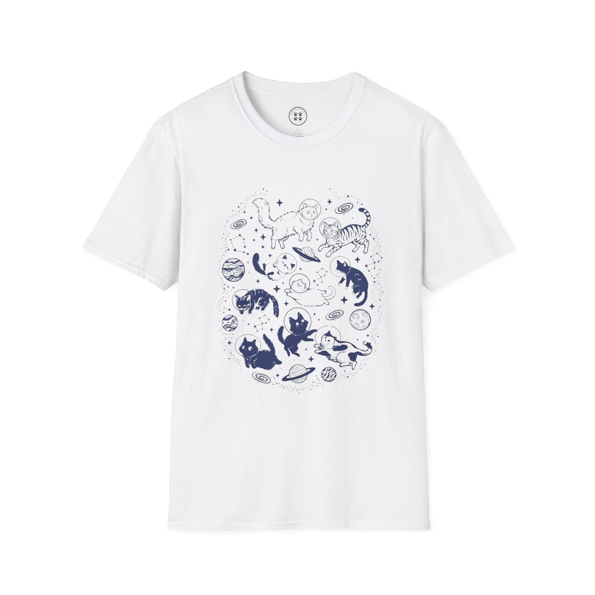 4 Paws Society white 100% cotton t-shirt with a blue constellation cat illustration featuring cats in space suits and planets.