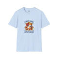 4 Paws Society light blue 100% cotton t-shirt with a graphic of a cat wearing a crown and cape on a throne, text reads "I WORK HARD SO MY CAT CAN LIVE BETTER THAN ME".