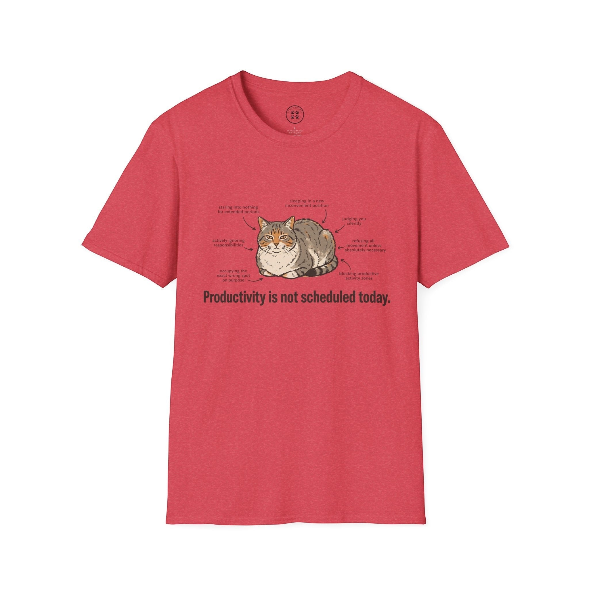 4 Paws Society red 100% cotton t-shirt with a graphic of a cat labeled with humorous descriptions of its lazy behavior and the text "Productivity is not scheduled today."