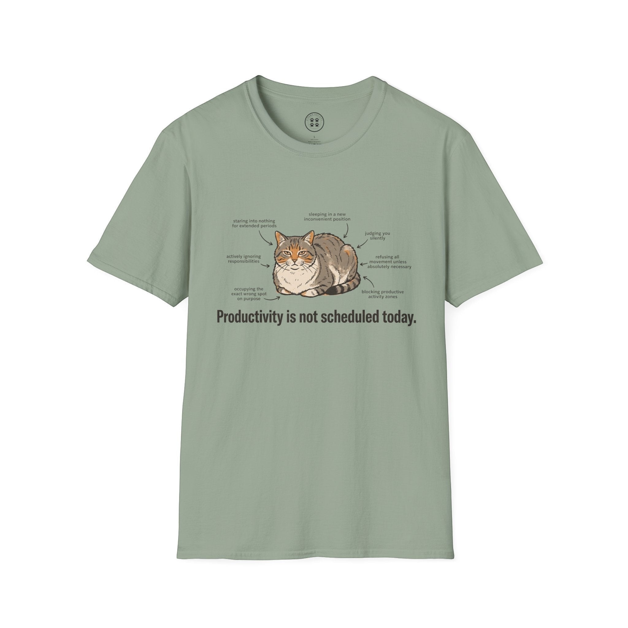 Sage green 100% cotton unisex t-shirt with a graphic of a cat labeled with humorous descriptions of its lazy behavior and the text "Productivity is not scheduled today."