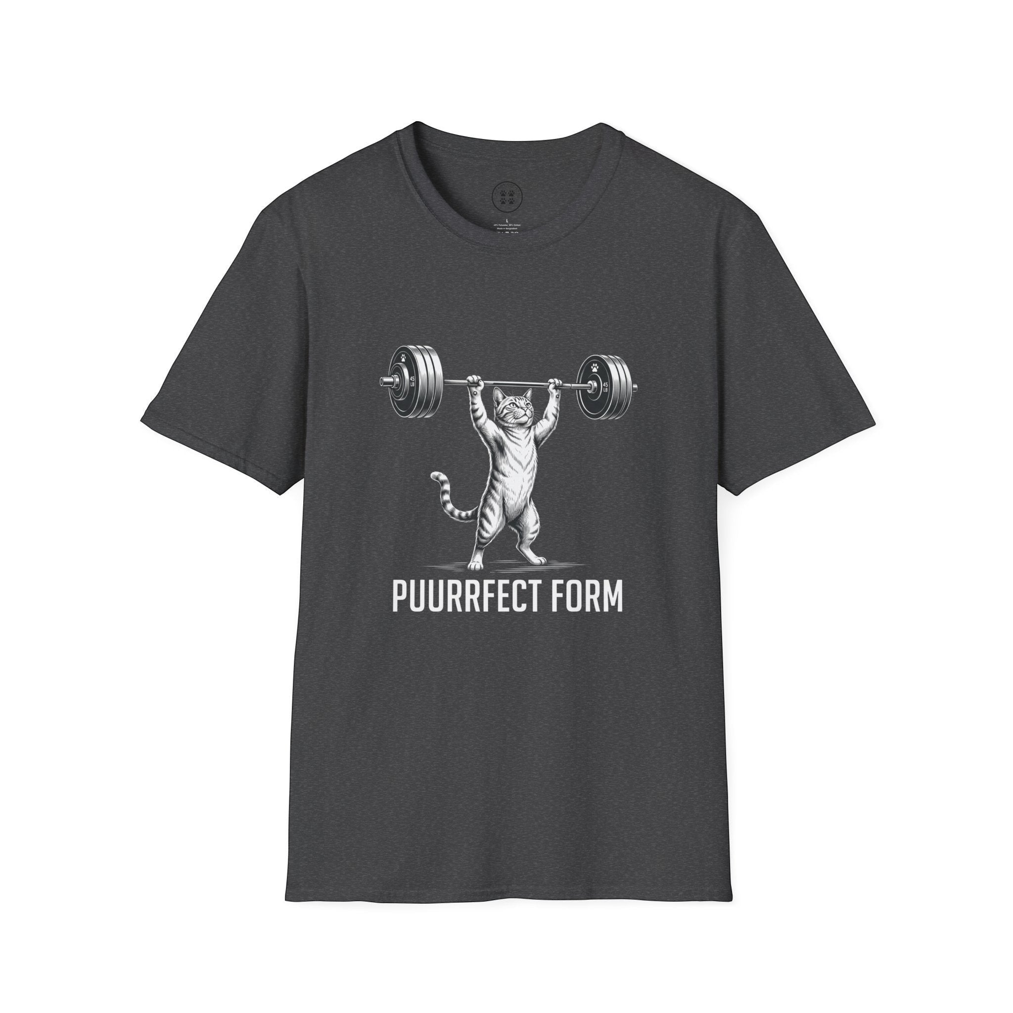 4 Paws Society charcoal grey 100% cotton t-shirt with a graphic of a cat lifting weights and the text "PUURRFECT FORM".