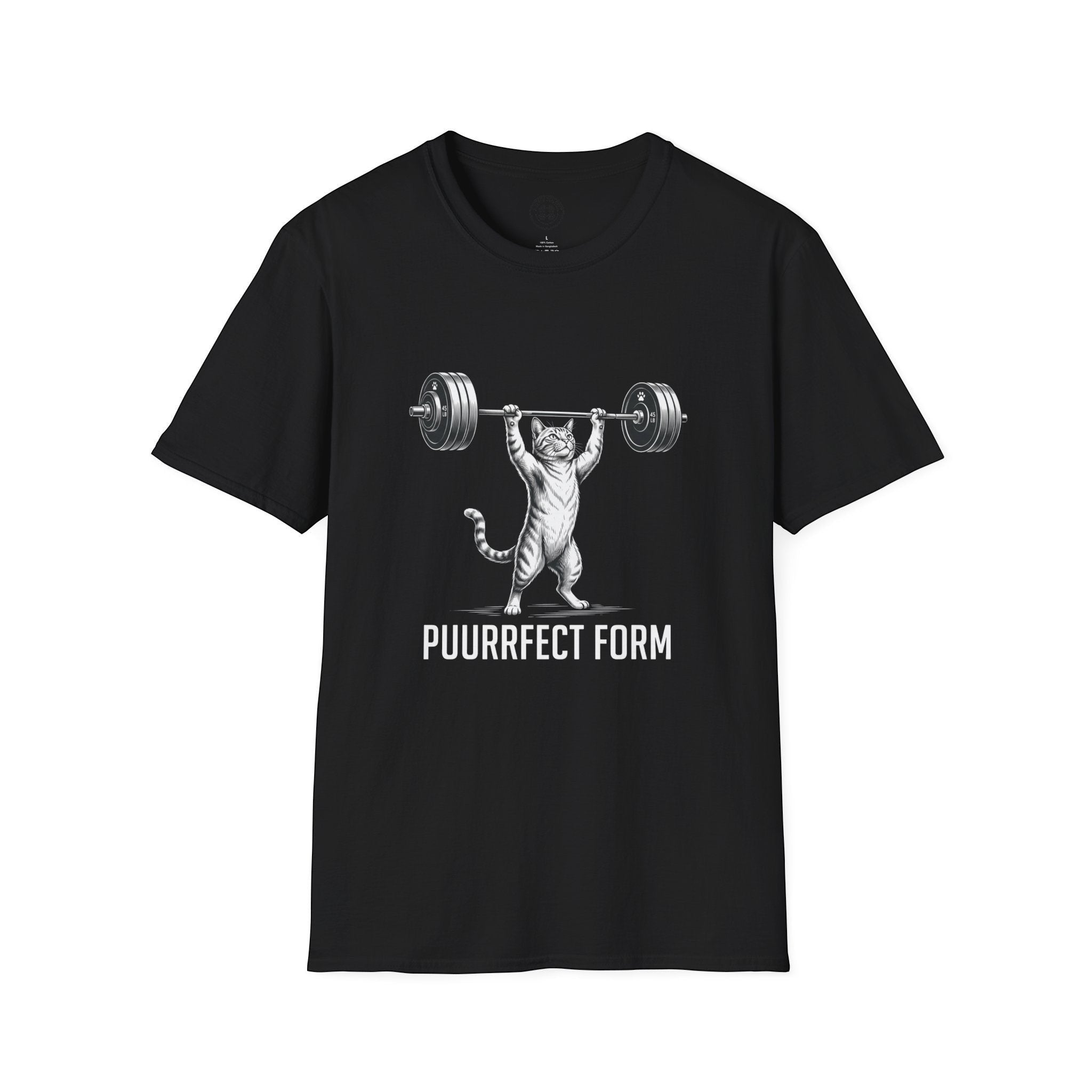 4 Paws Society black 100% cotton t-shirt with a graphic of a cat lifting a barbell with the text Puurfect Form.