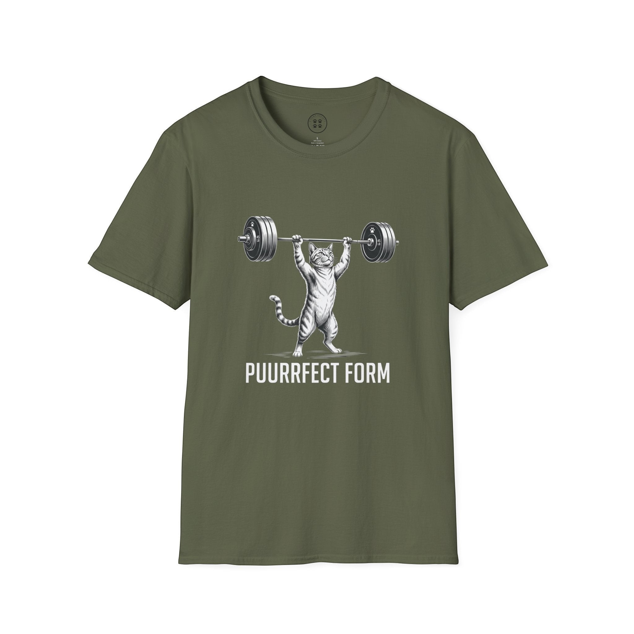 4 Paws Society olive green 100% cotton t-shirt with a graphic of a cat lifting a barbell and the text "PUURRFECT FORM".