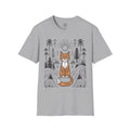 4 Paws Society grey 100% cotton t-shirt with geometric orange cat and forest graphic