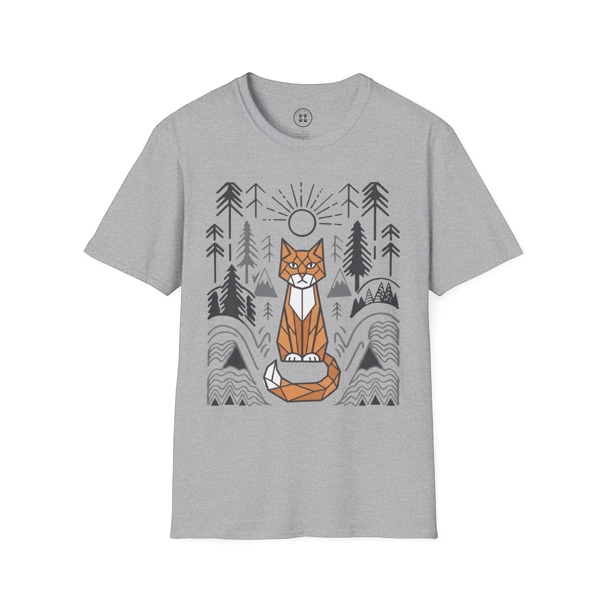 4 Paws Society grey 100% cotton t-shirt with geometric orange cat and forest graphic