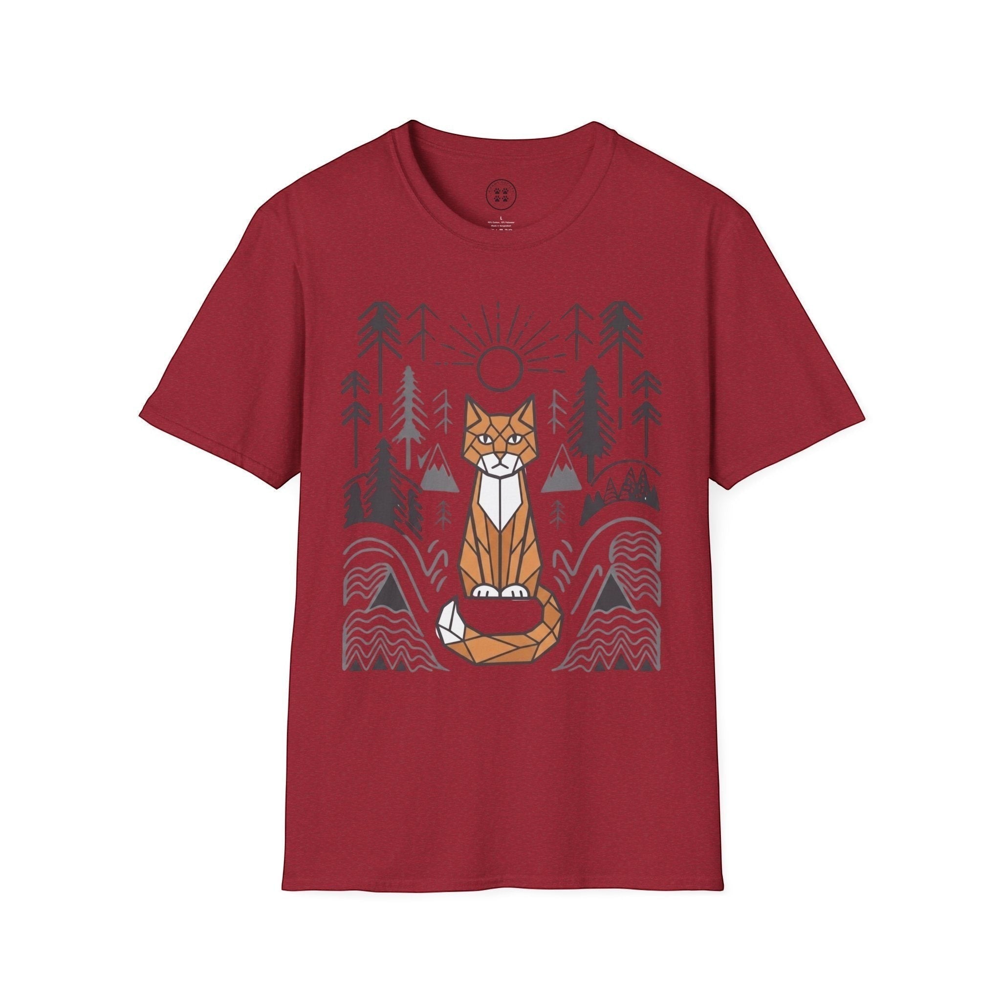4 Paws Society unisex red 100% cotton t-shirt with geometric cat and forest graphic