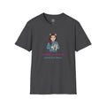 4 Paws Society dark grey 100% cotton t-shirt with a cartoon cat-girl holding a magazine, text reads "Its not just blue, its Cerulean blue!"