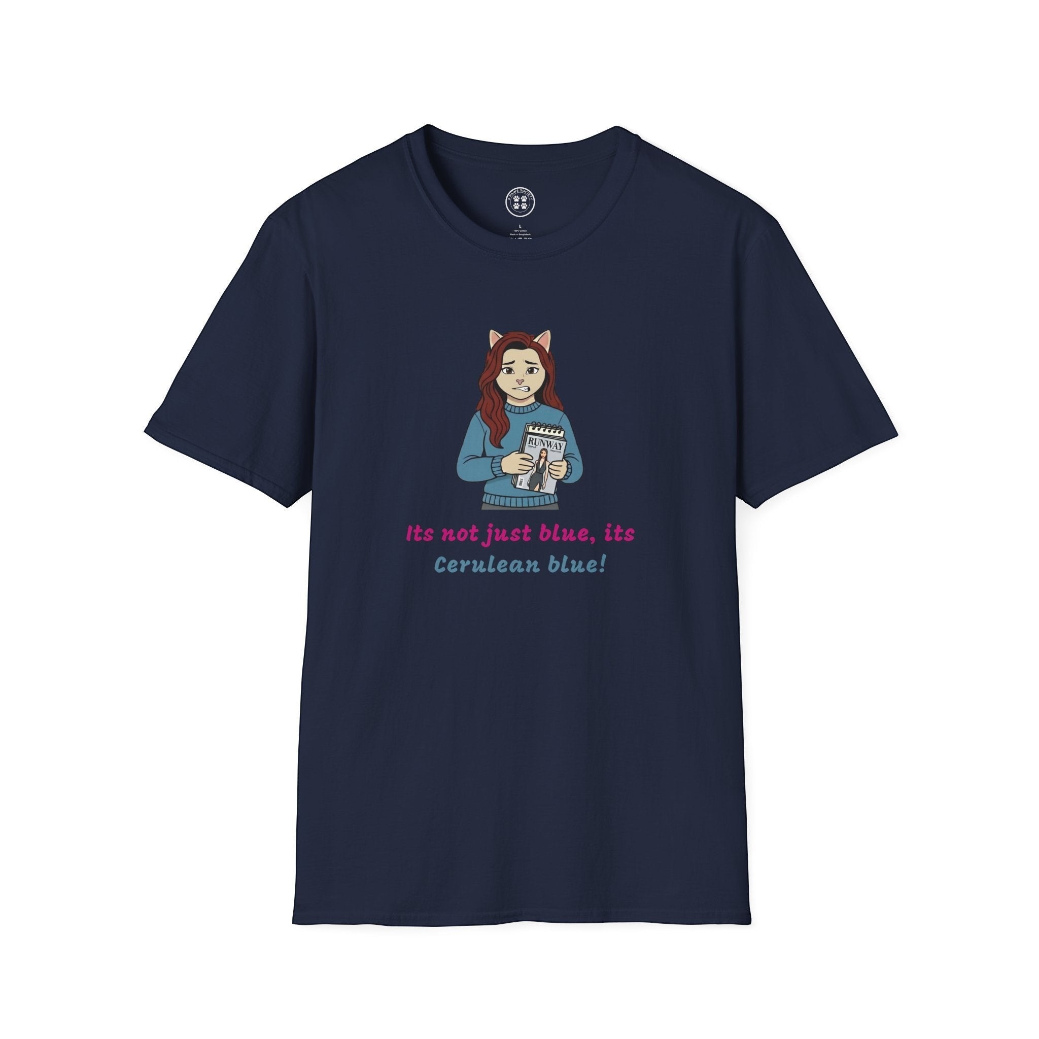 4 Paws Society navy blue 100% cotton t-shirt with a cartoon of a cat-eared woman holding a magazine, text reads "Its not just blue, its Cerulean blue!"
