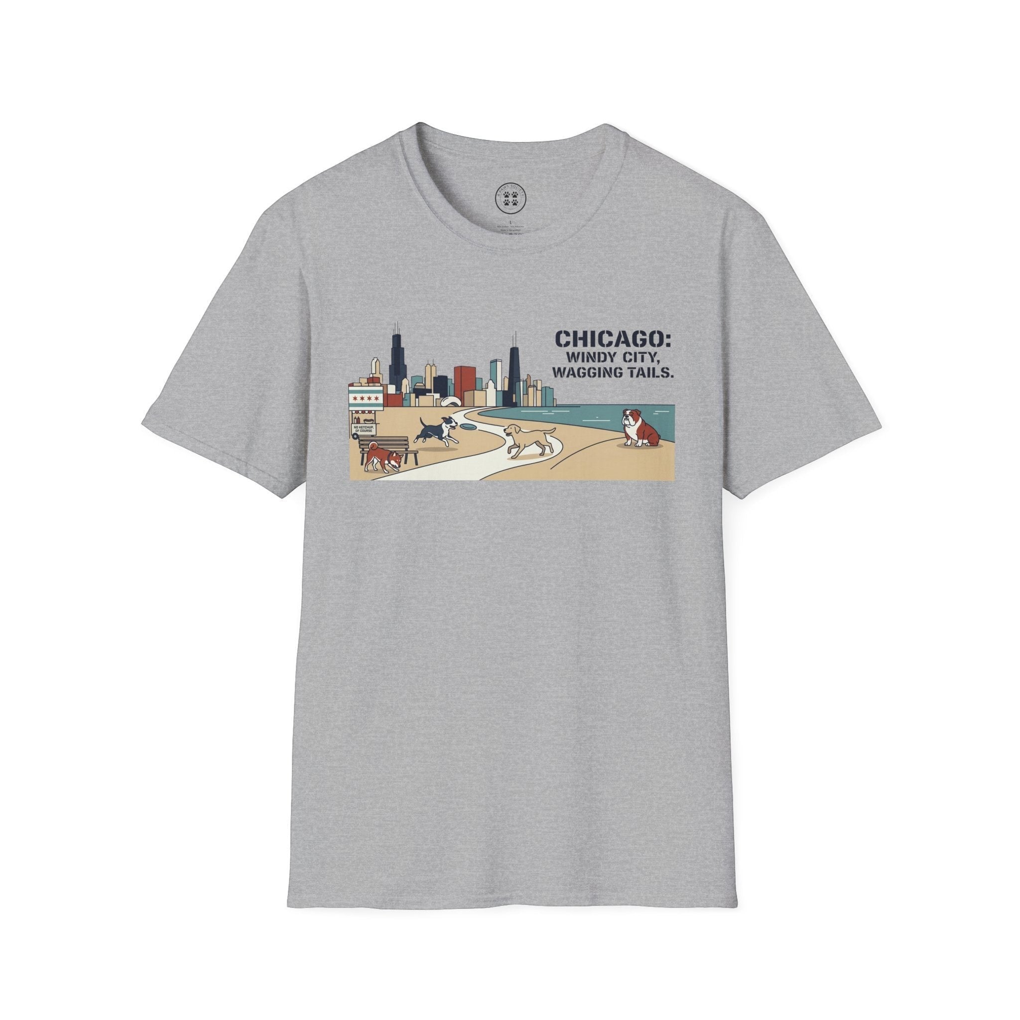 4 Paws Society grey 100% cotton t-shirt with Chicago skyline and dogs playing on a beach scene.