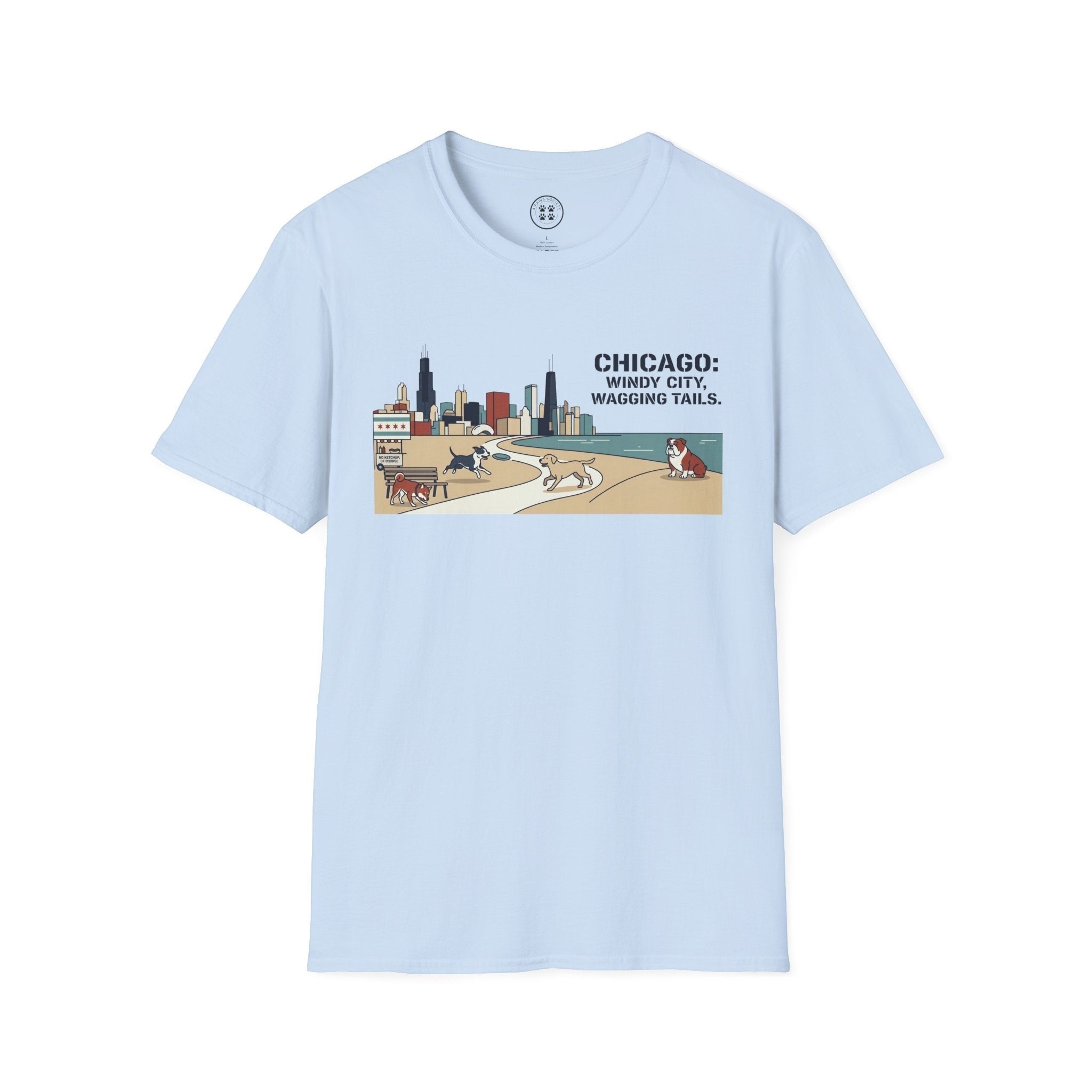 Light blue 100% cotton t-shirt from 4 Paws Society featuring a Chicago skyline graphic with dogs playing on a beach.