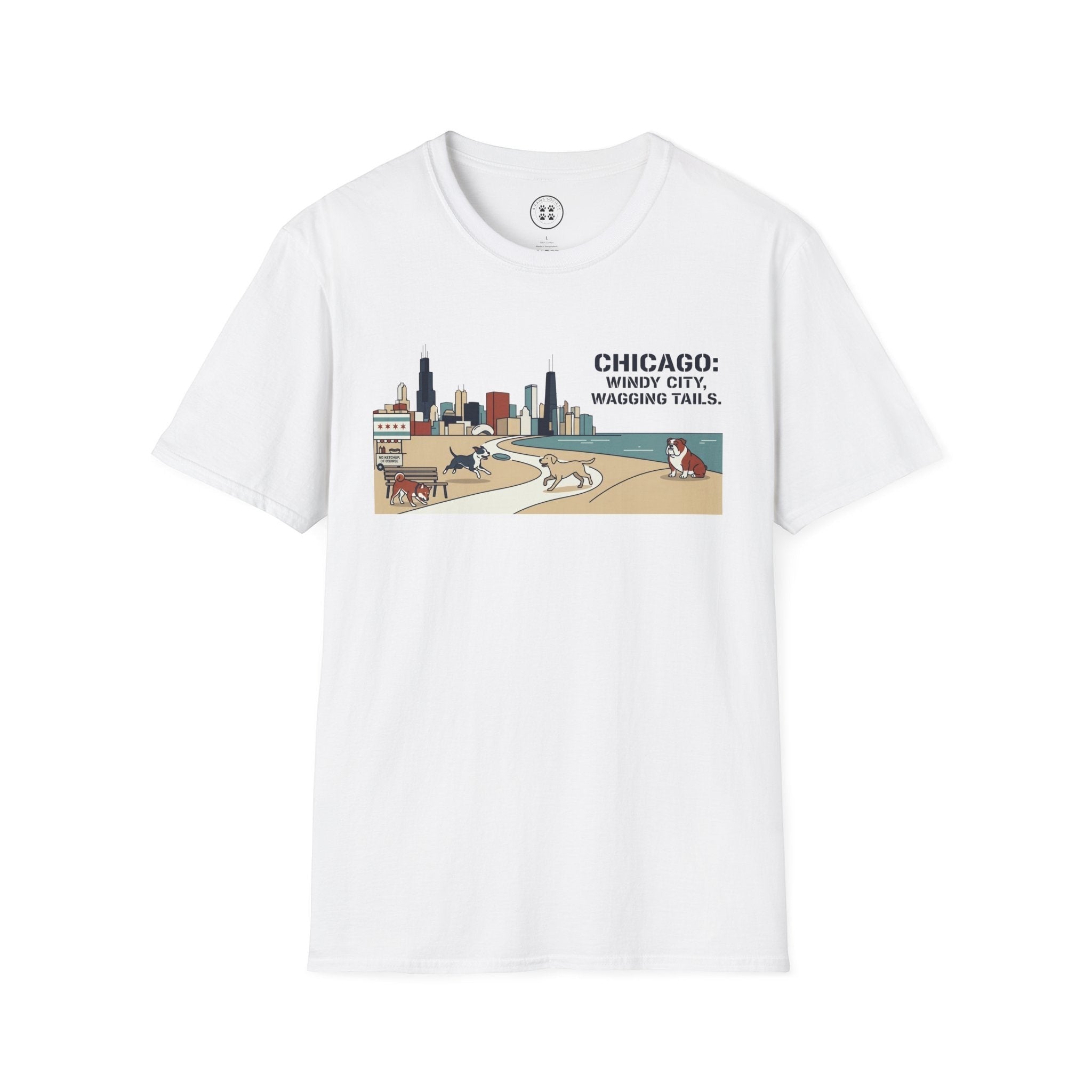 4 Paws Society white 100% cotton t-shirt with Chicago skyline and dogs playing on the beach graphic.