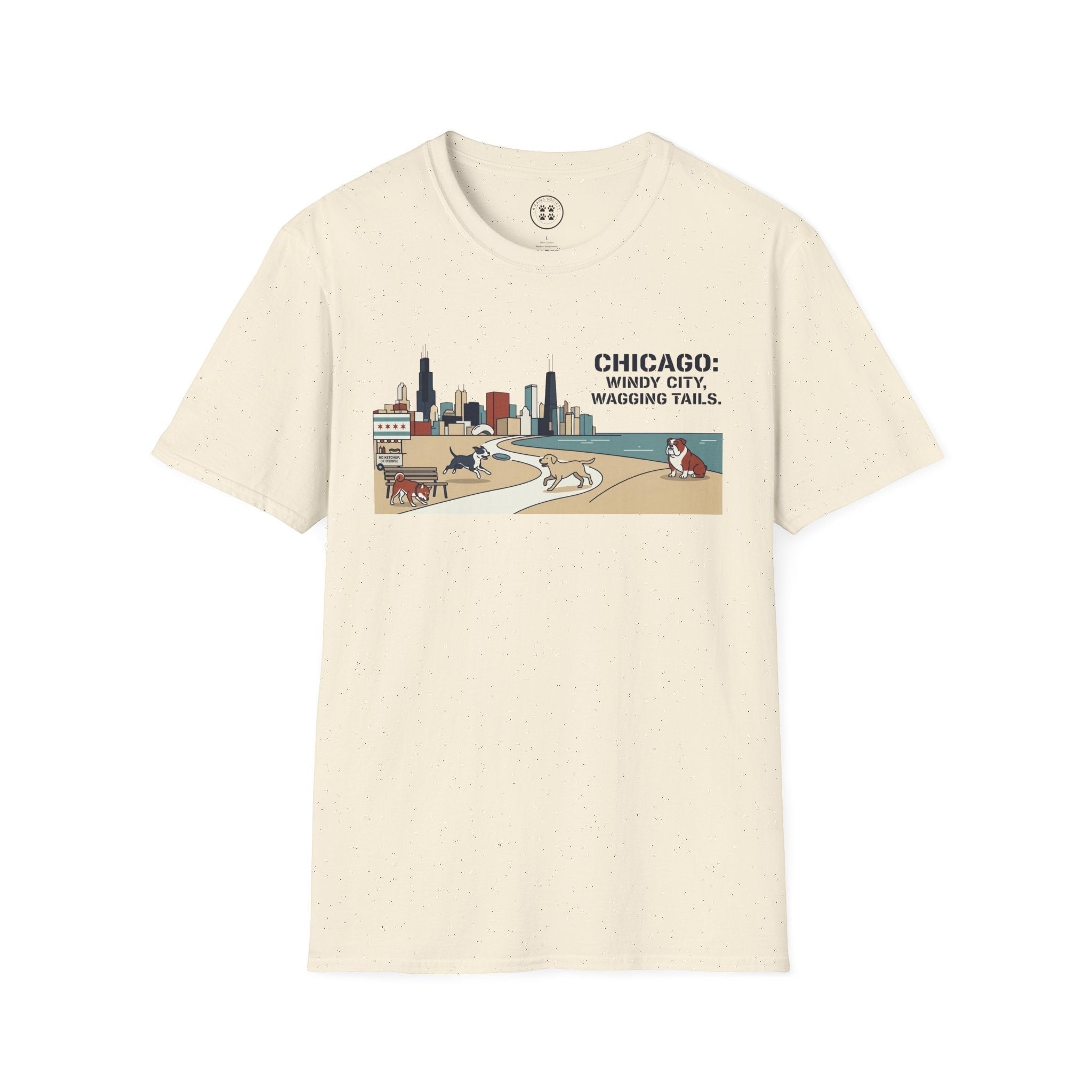 4 Paws Society cream 100% cotton t-shirt with Chicago skyline and dogs playing on a beach graphic.