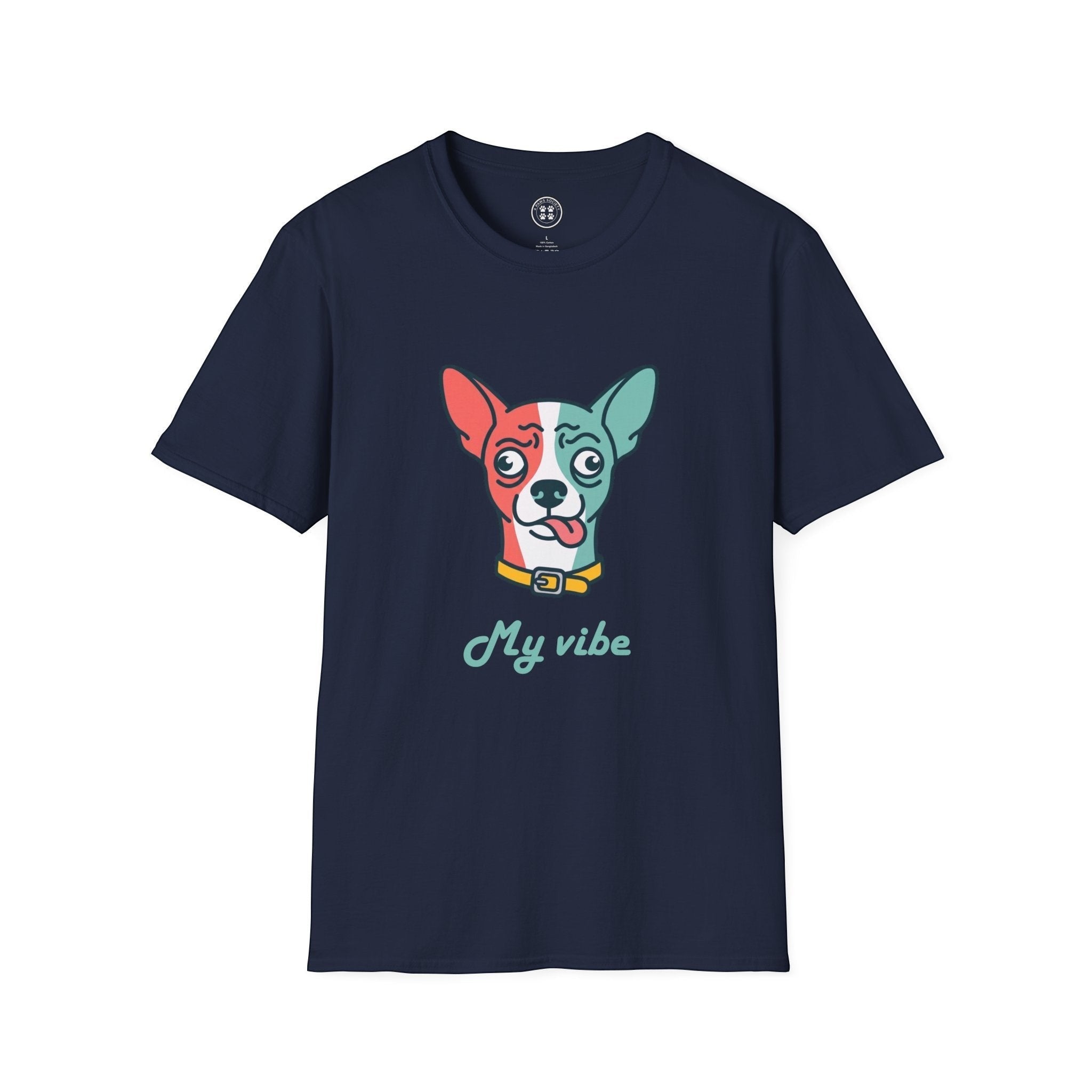 4 Paws Society navy blue 100% cotton t-shirt with a confused chihuahua graphic and "My vibe" text.