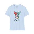 4 Paws Society light blue 100% cotton t-shirt with a confused chihuahua graphic and the text "My vibe".