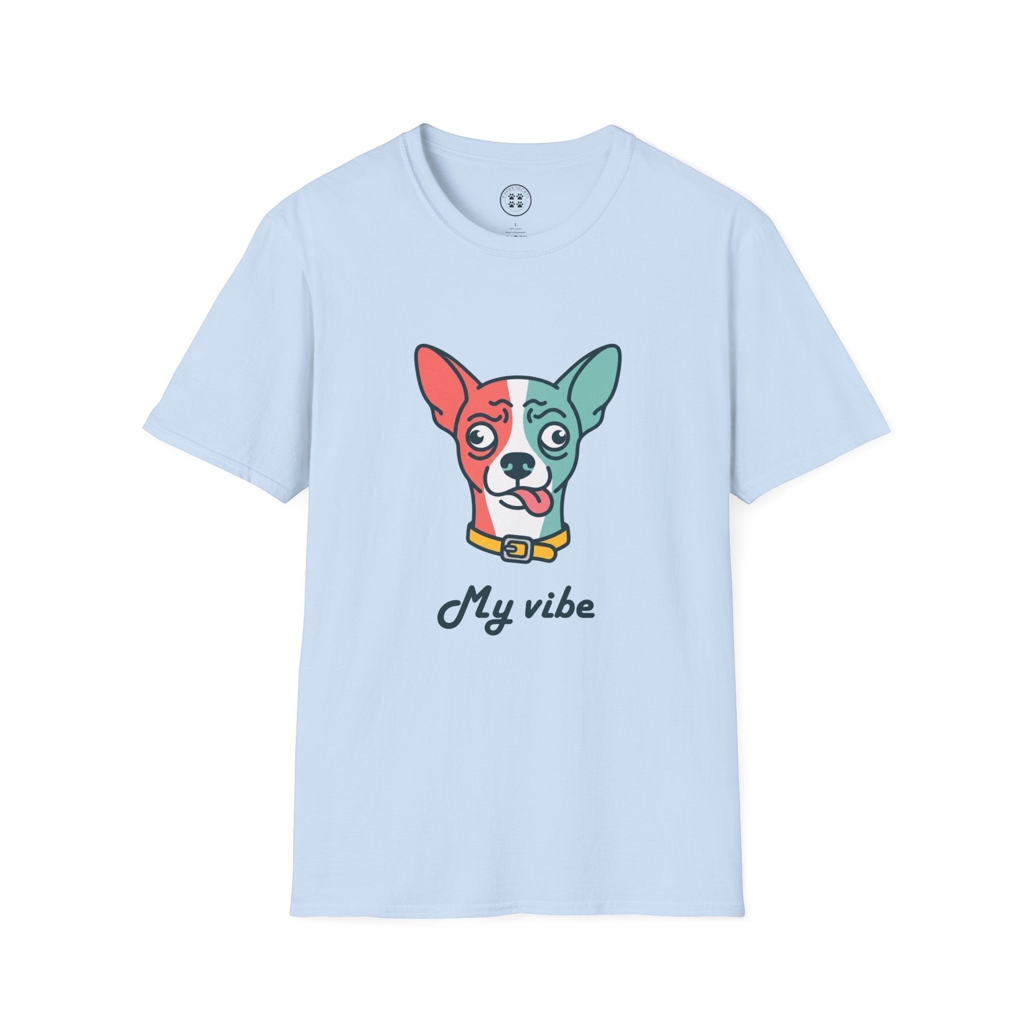 4 Paws Society light blue 100% cotton t-shirt with a confused chihuahua graphic and the text "My vibe".