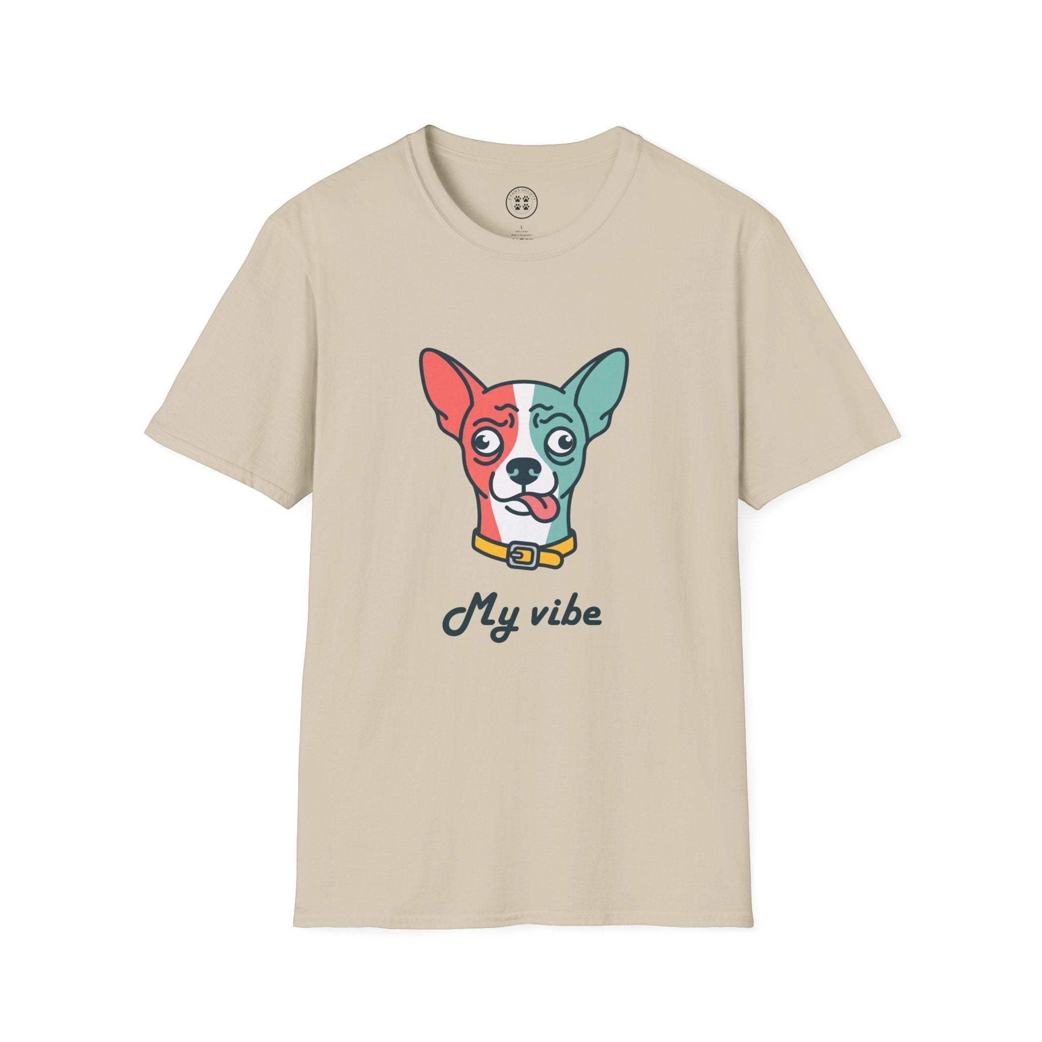 4 Paws Society beige 100% cotton t-shirt with a confused chihuahua graphic and the text "My vibe".