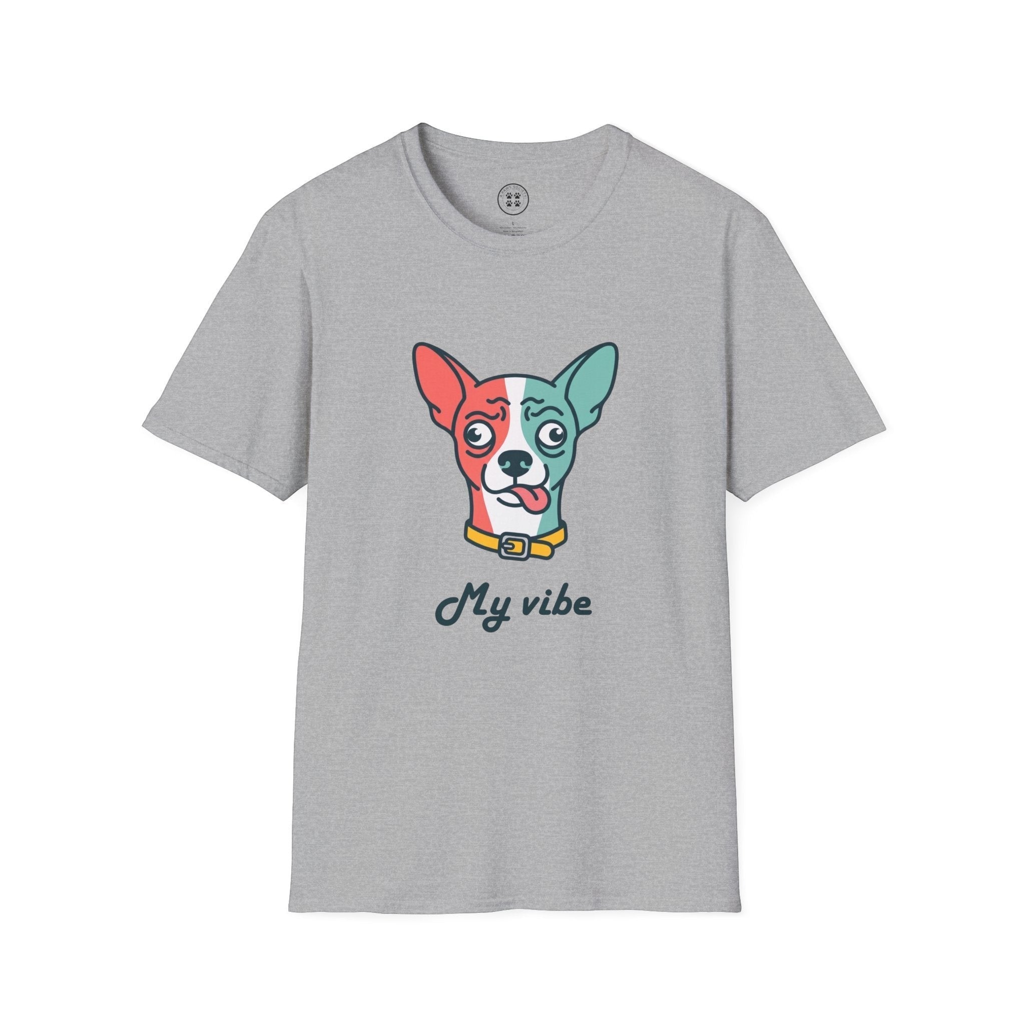 4 Paws Society grey 100% ring-spun cotton t-shirt with a confused chihuahua graphic and "My vibe" text.