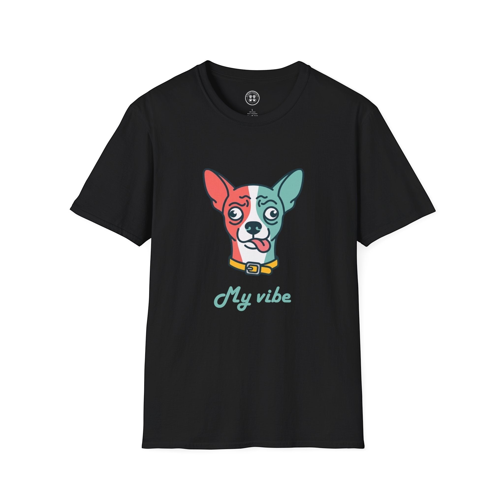 4 Paws Society black 100% cotton t-shirt with a confused chihuahua graphic and "My Vibe" text.