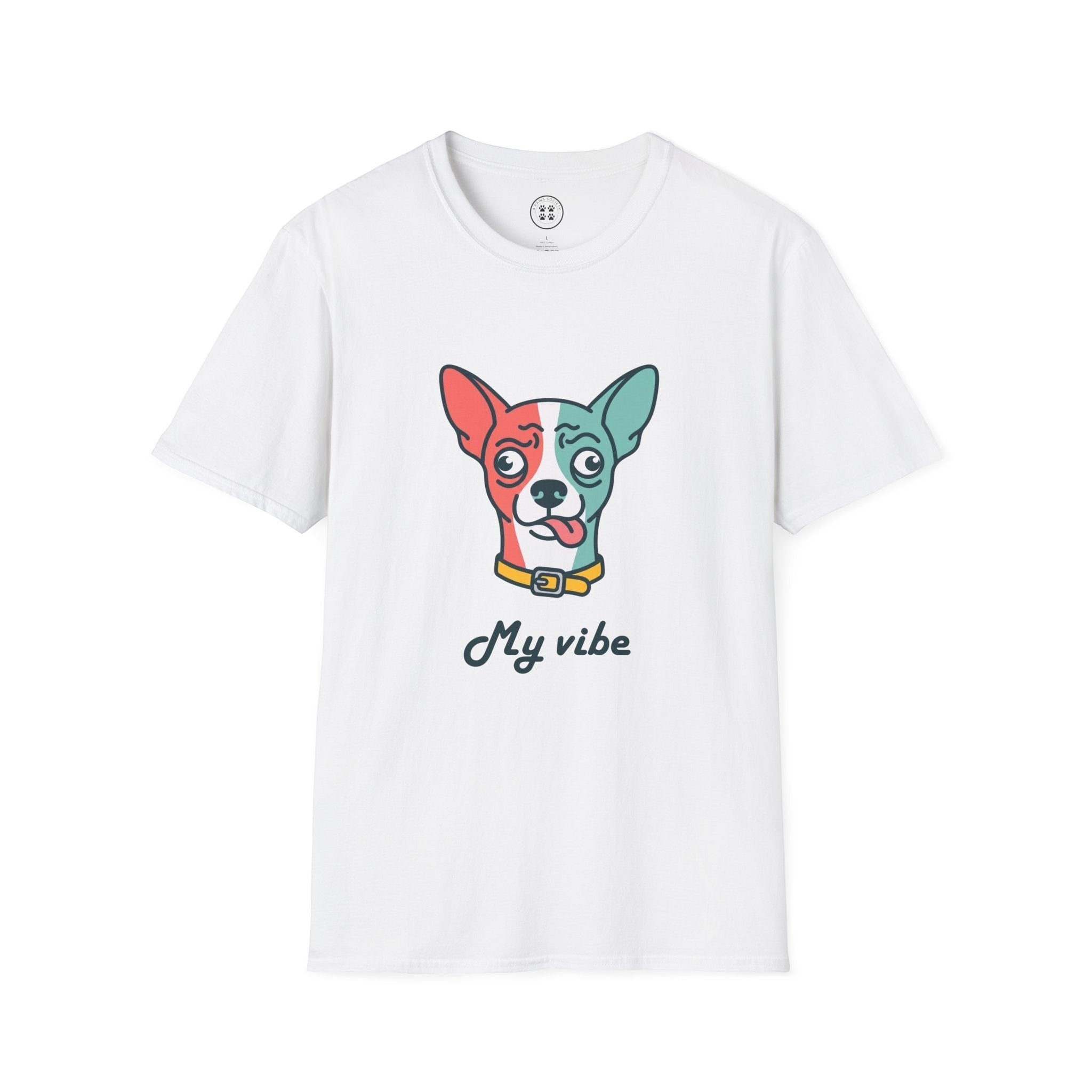 4 Paws Society white 100% cotton t-shirt with a confused chihuahua graphic and "My Vibe" text.