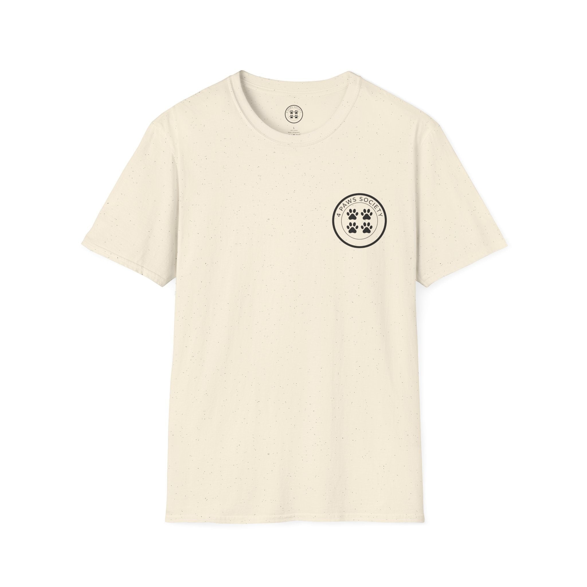 4 Paws Society cream speckled 100% ring-spun cotton t-shirt with a small circular logo on the left chest featuring four paw prints.