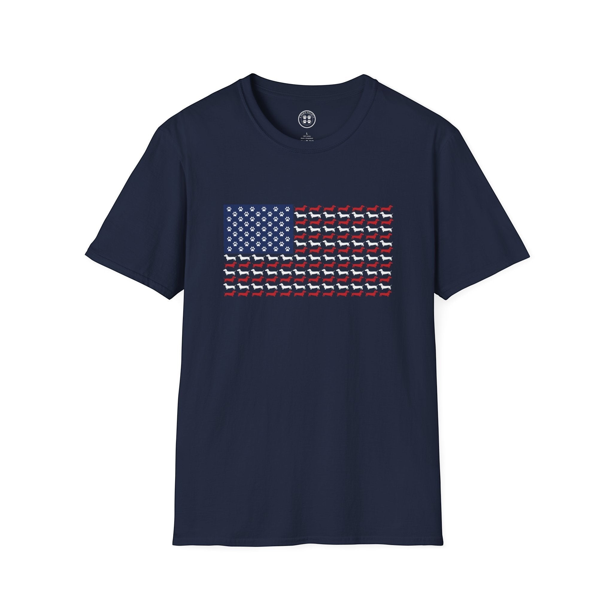 4 Paws Society navy blue t-shirt with an American flag design made of dachshund silhouettes and paw prints.