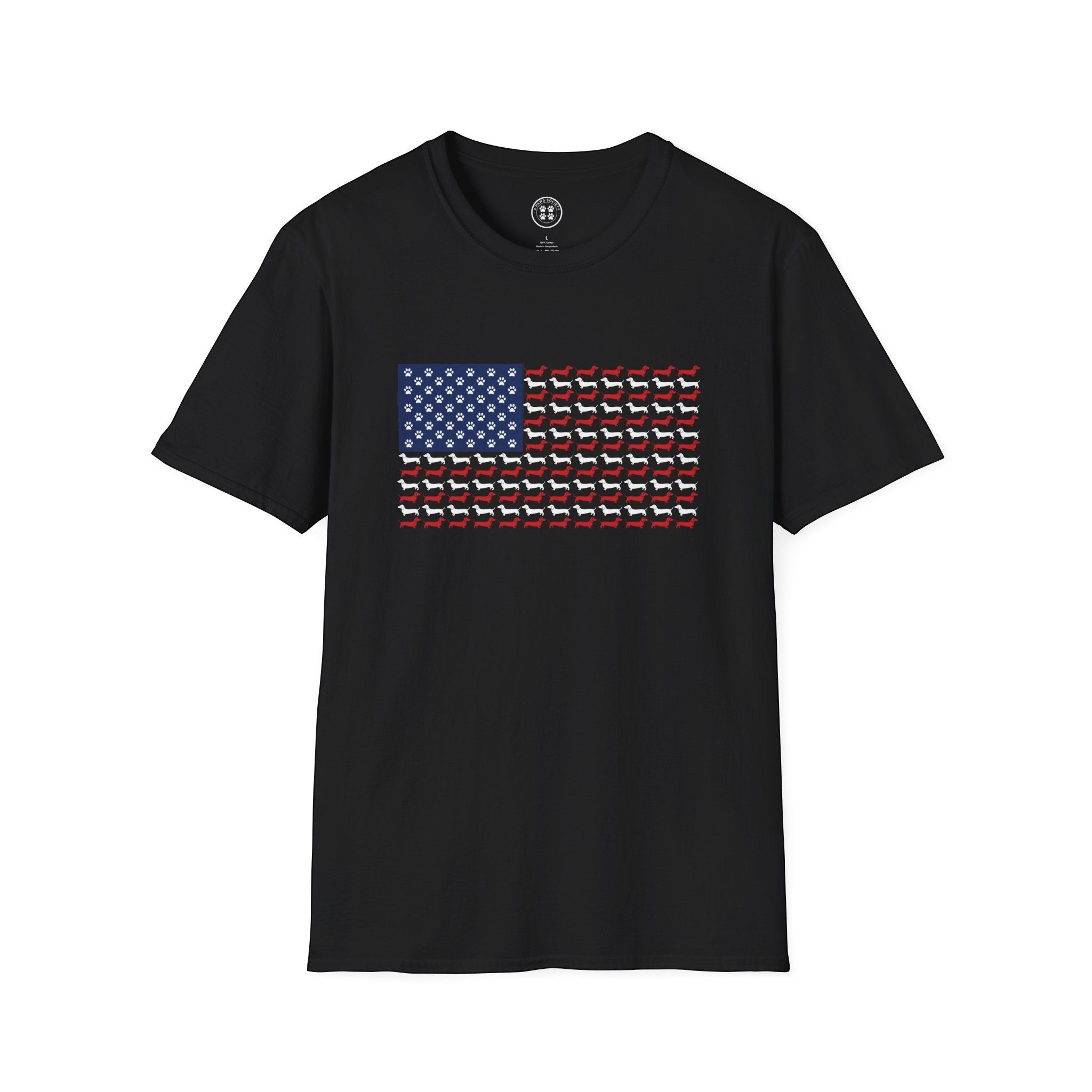 4 Paws Society black t-shirt with an American flag design made of dachshund silhouettes and paw prints.
