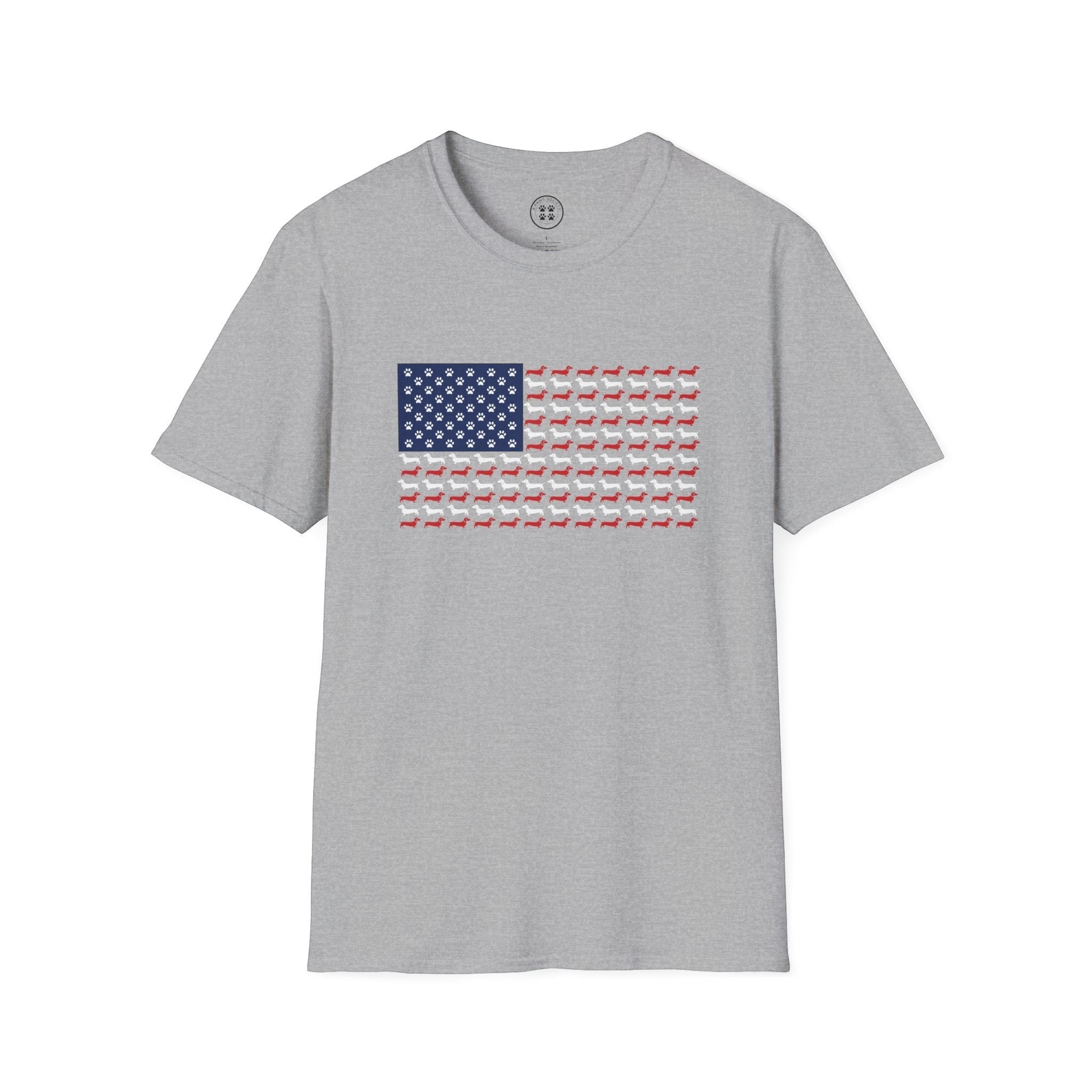 4 Paws Society grey 100% cotton t-shirt with an American flag design made of dachshunds and paw prints.