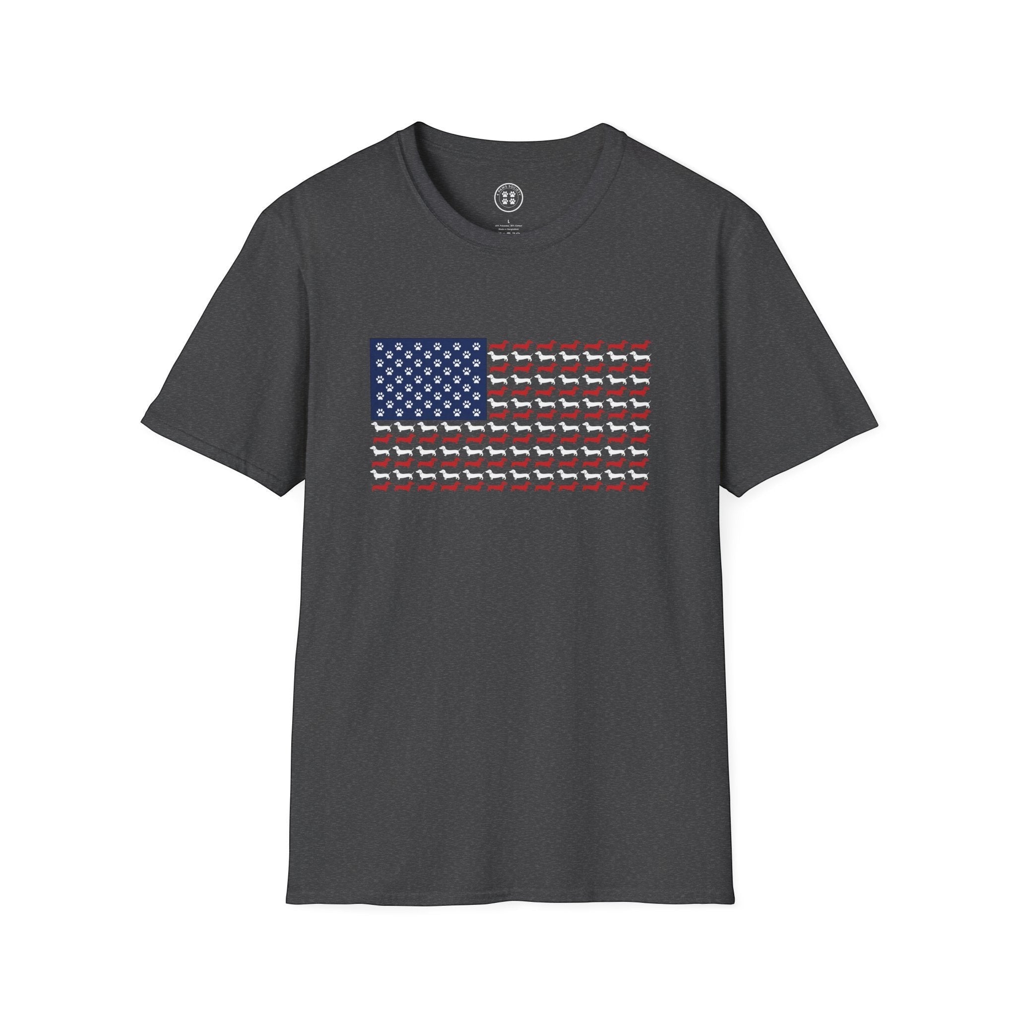 4 Paws Society charcoal grey 100% cotton t-shirt with an American flag graphic made of dachshund silhouettes and paw prints.