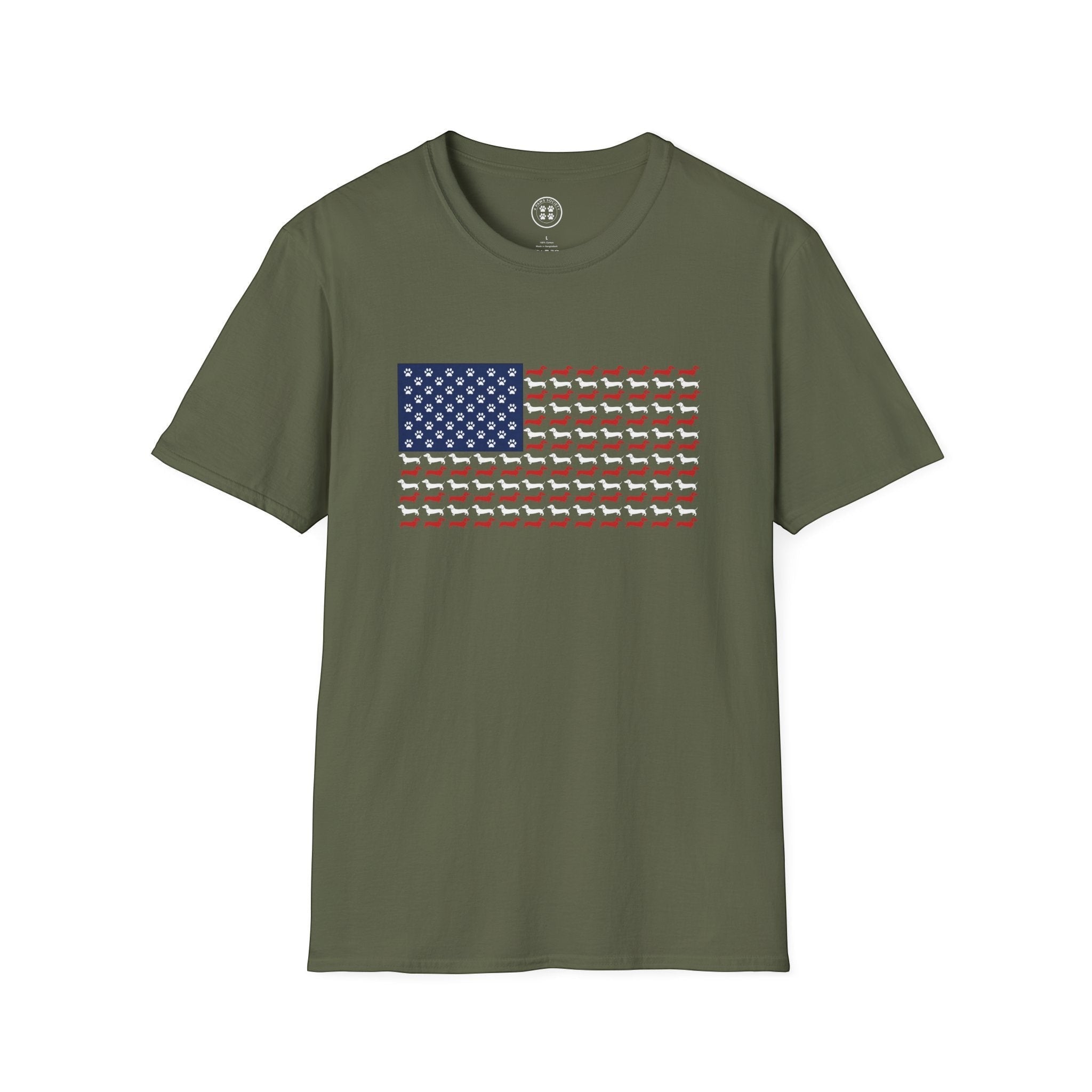 4 Paws Society olive green 100% cotton t-shirt with an American flag graphic made of dachshund silhouettes and paw prints.