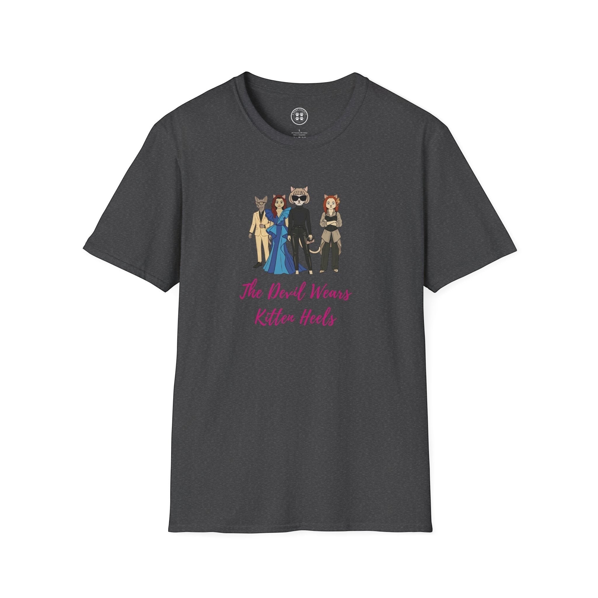 4 Paws Society charcoal grey 100% cotton unisex t-shirt with "The Devil Wears Kitten Heels" graphic featuring anthropomorphic cats in fashionable outfits.