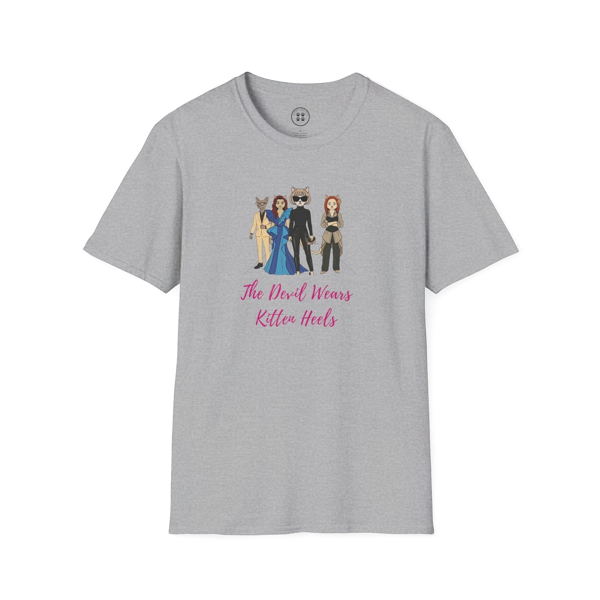 4 Paws Society grey 100% cotton unisex t-shirt with "The Devil Wears Kitten Heels" graphic featuring four cat characters in stylish outfits.