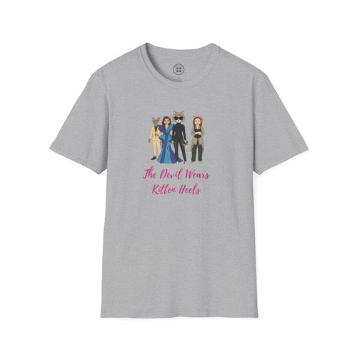 4 Paws Society grey 100% cotton unisex t-shirt with "The Devil Wears Kitten Heels" graphic featuring four cat characters in stylish outfits.