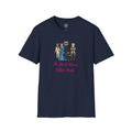 4 Paws Society navy blue 100% cotton unisex graphic tee with "The Devil Wears Kitten Heels" text and cartoon cats in fashion outfits.